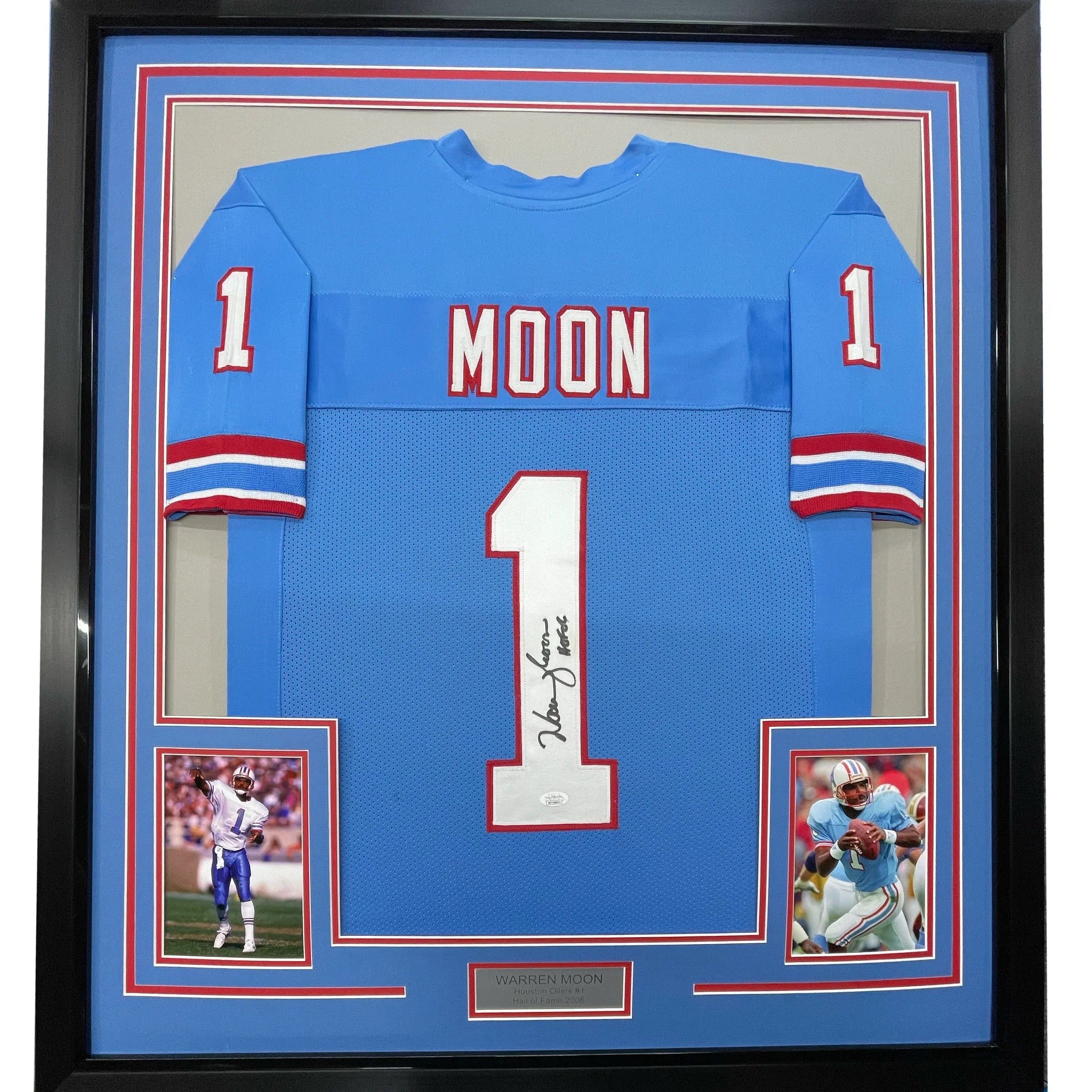 Framed Autographed/Signed Warren Moon HOF 06 35x39 Houston Blue Football Jersey JSA COA