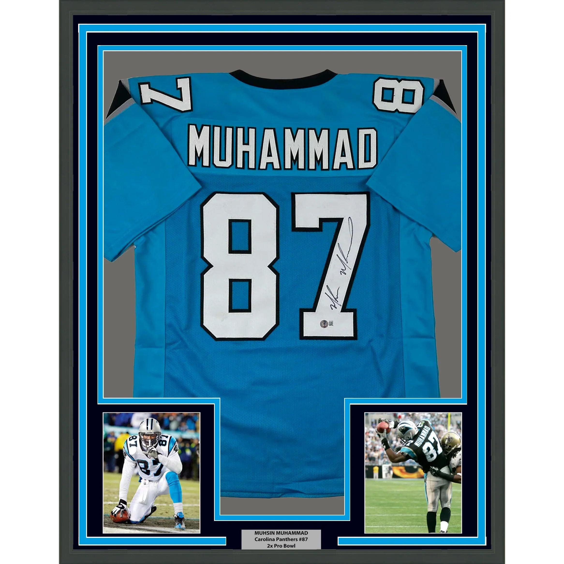 Framed Autographed/Signed Muhsin Muhammad 35x39 Carolina Blue Football Jersey Beckett BAS COA