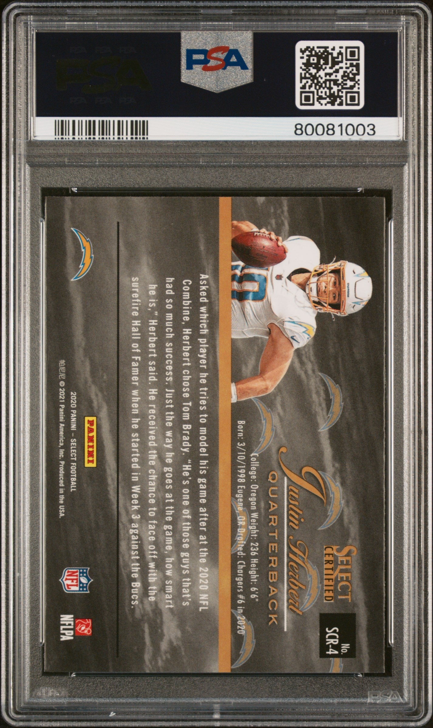 Graded 2020 Panini Select Justin Herbert #SCR4 Select Certified Rookies Rookie RC Football Card PSA 10 Gem Mint