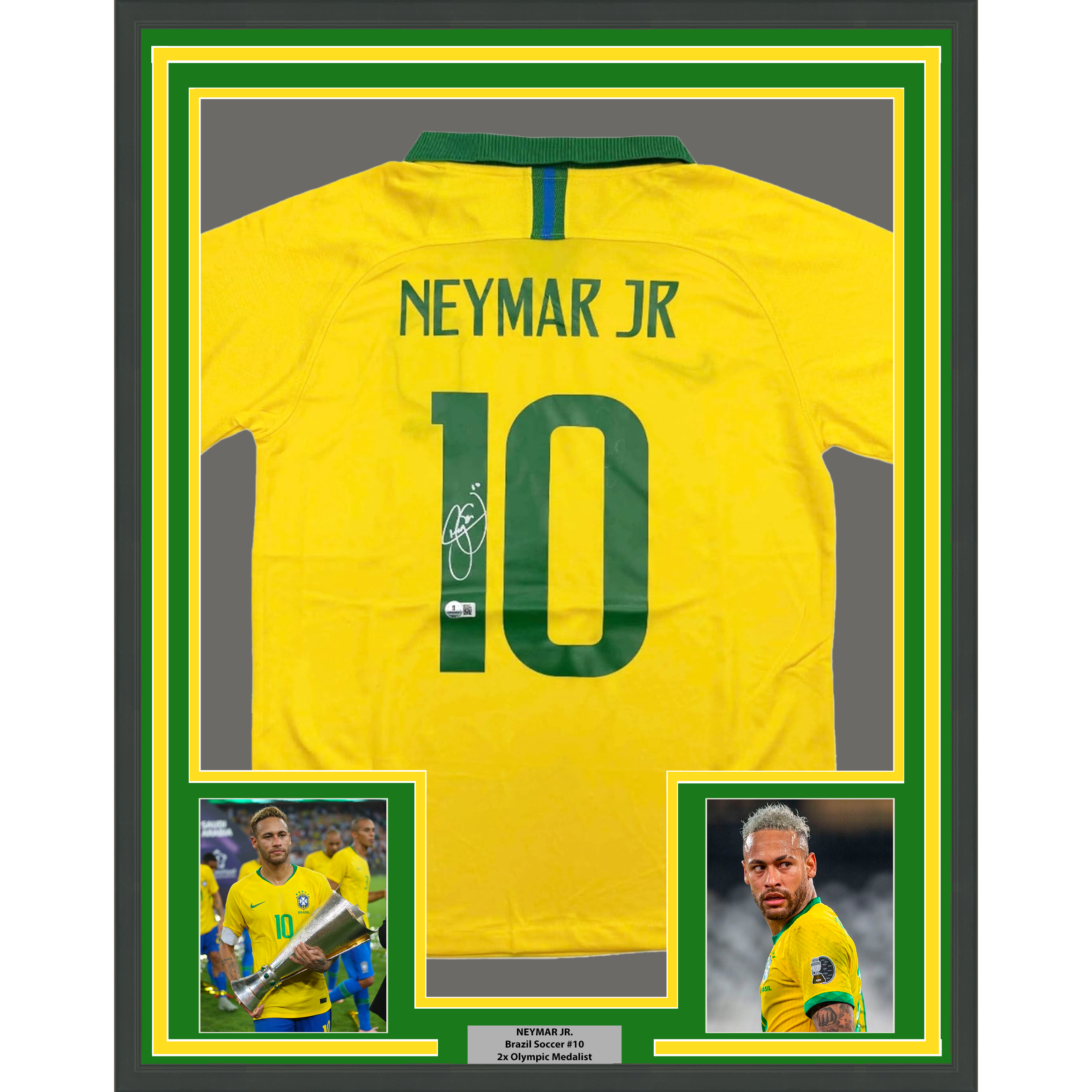Framed Autographed/Signed Neymar Jr. 35x39 Brazil Soccer Futbol Jersey Beckett BAS COA