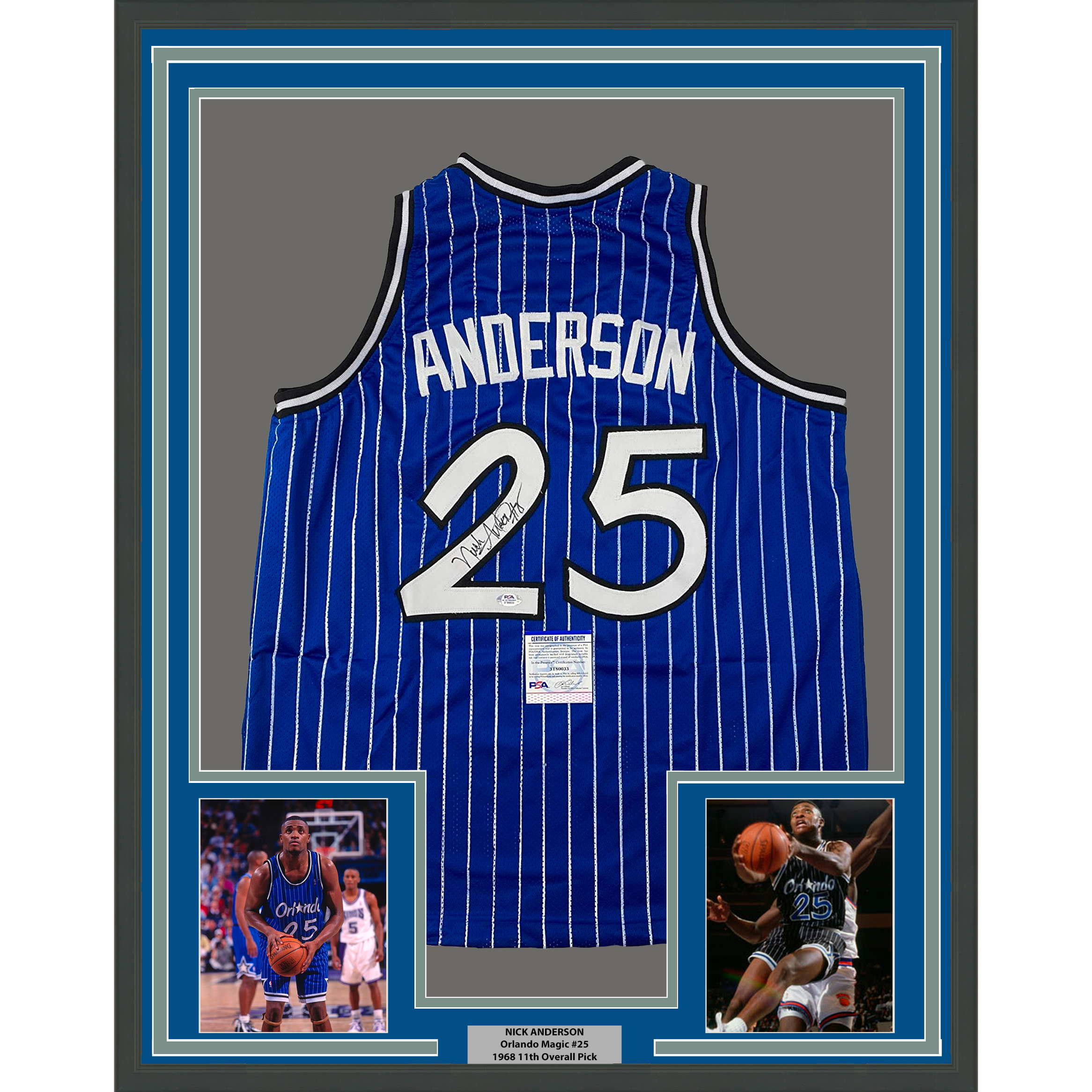 Framed Autographed/Signed Nick Anderson 35x39 Orlando Blue Pinstripe Basketball Jersey PSA/DNA COA