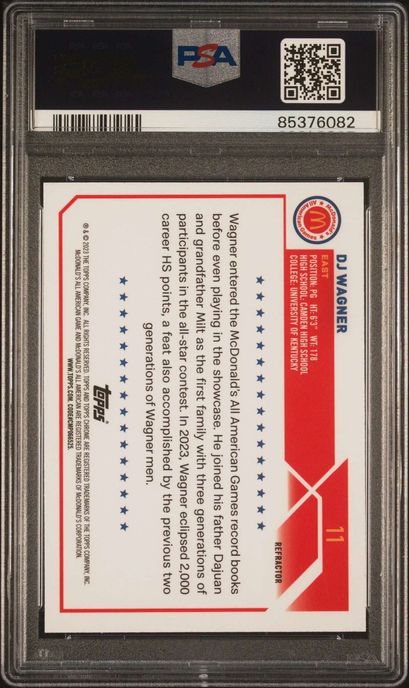 Graded 2023 Topps Chrome DJ Wagner #11 McDonalds AA Refractor Rookie RC Basketball Card PSA 10 Gem Mint