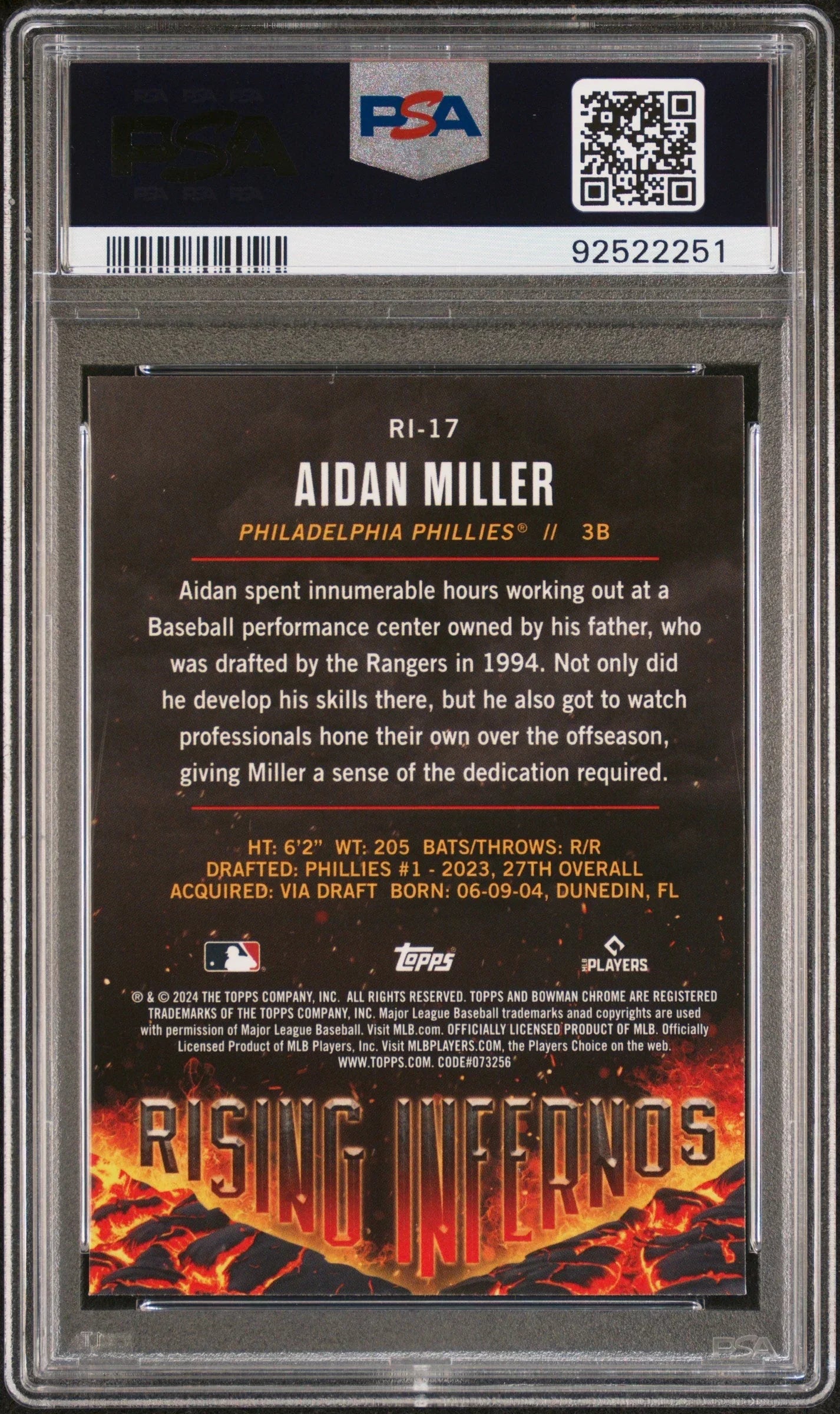 Graded 2024 Topps Bowman Aidan Miller #RI17 Rising Infernos Rookie RC Baseball Card PSA 10 Gem Mint
