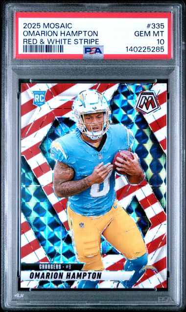 Graded 2025 Panini Mosaic Omarion Hampton #335 Red & White Stripe Rookie RC Football Card PSA 10 Gem Mint