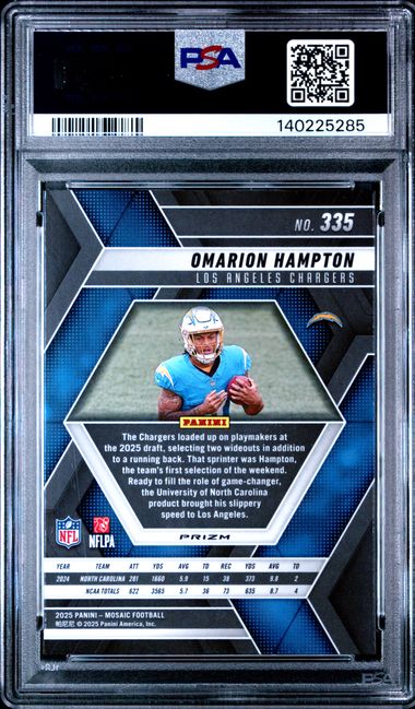 Graded 2025 Panini Mosaic Omarion Hampton #335 Red & White Stripe Rookie RC Football Card PSA 10 Gem Mint