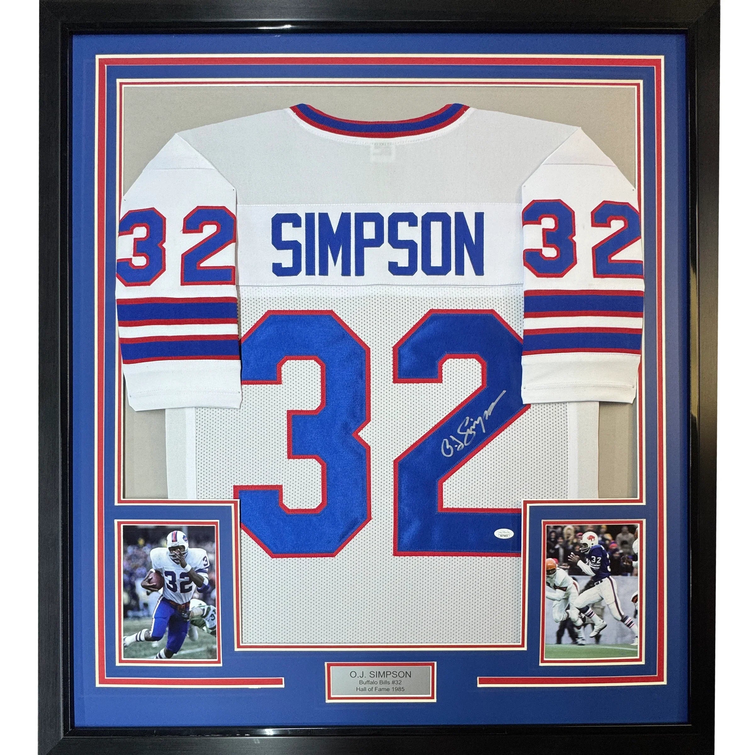 Framed Autographed/Signed OJ O.J. Simpson 35x39 Buffalo White Football Jersey JSA COA