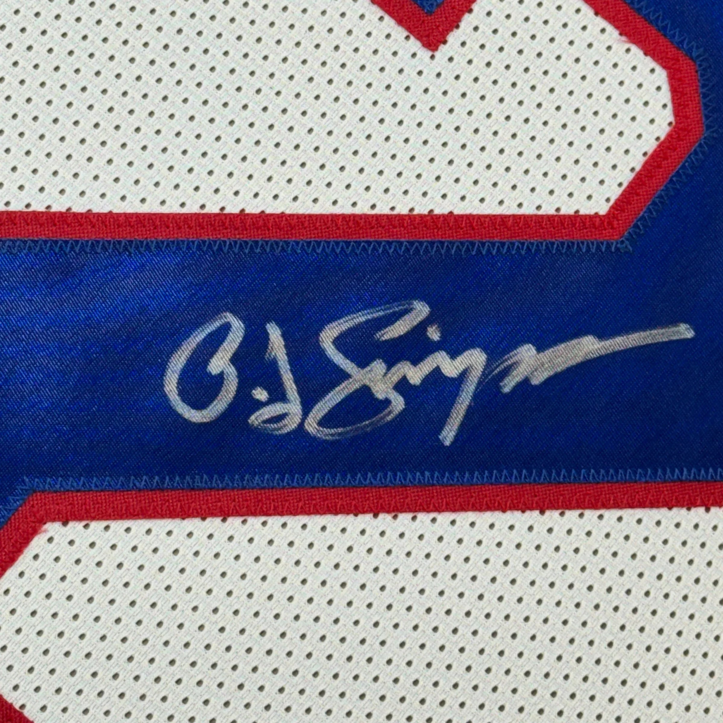 Framed Autographed/Signed OJ O.J. Simpson 35x39 Buffalo White Football Jersey JSA COA