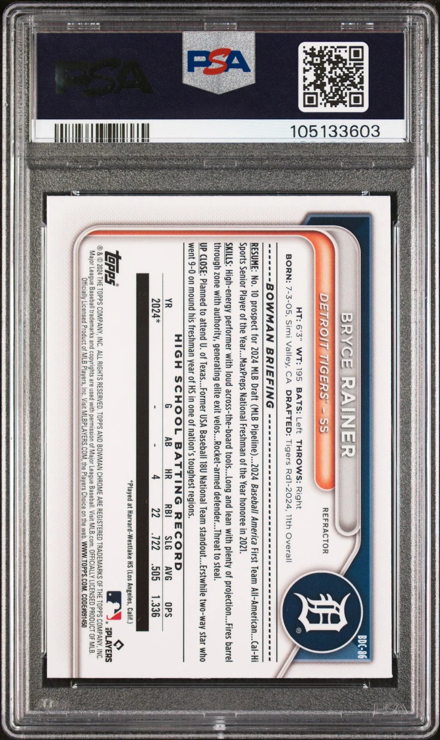 Graded 2024 Topps Bowman Draft Bryce Rainer #BDC86 Chrome Refractor Rookie RC Baseball Card PSA 10 Gem Mint