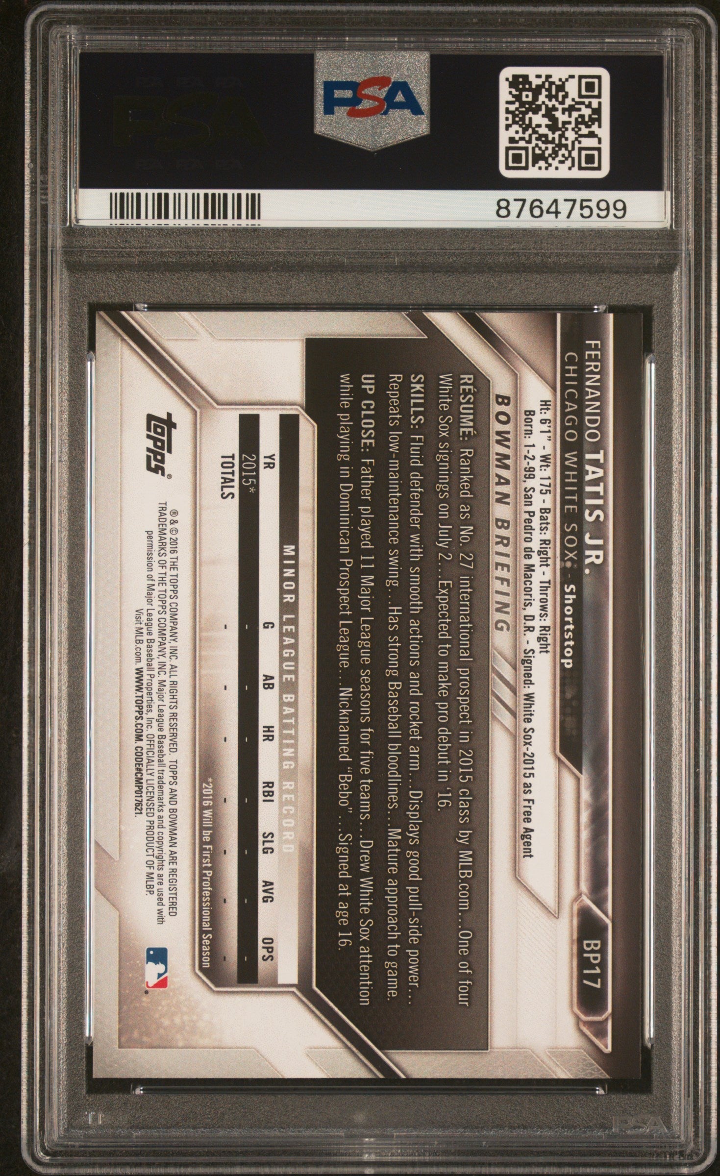 Graded 2016 Topps Bowman Prospects Fernando Tatis Jr. #BP17 Rookie RC Baseball Card PSA 10 Gem Mint