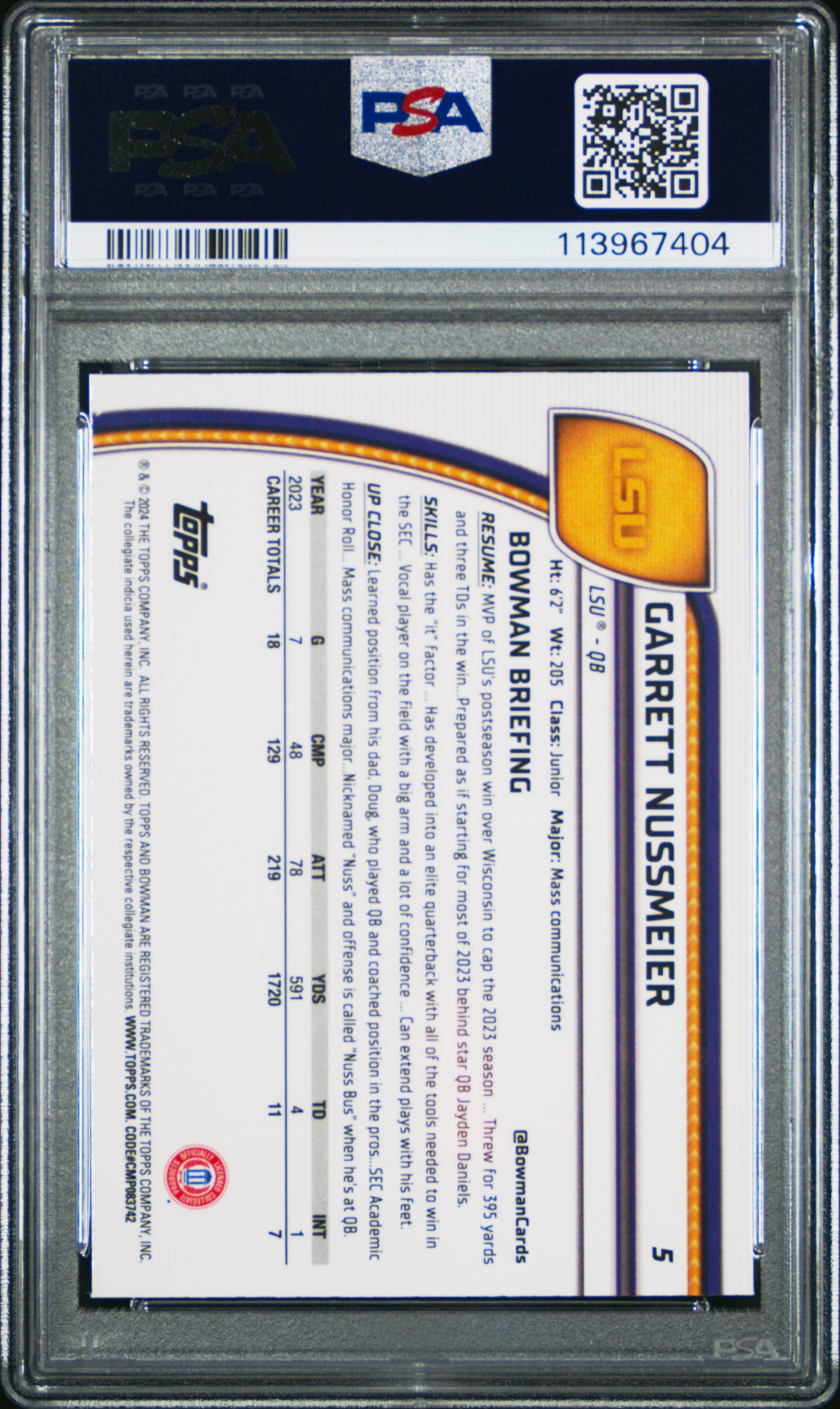 Graded 2024 Topps Bowman U Chrome Garrett Nussmeier #5 Rookie RC Football Card PSA 10 Gem Mint