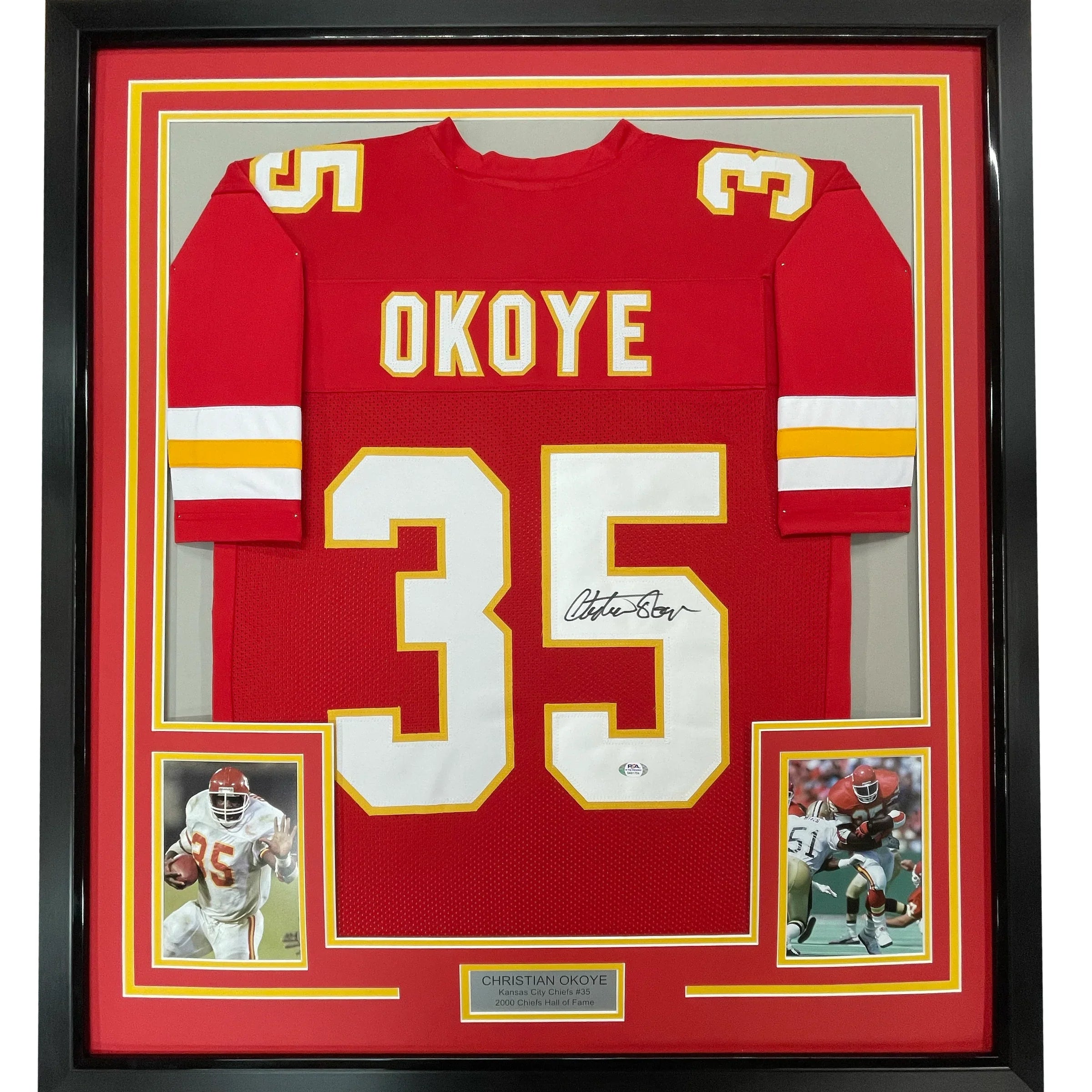 Framed Autographed/Signed Christian Okoye 35x39 Kansas City Red Football Jersey JSA COA