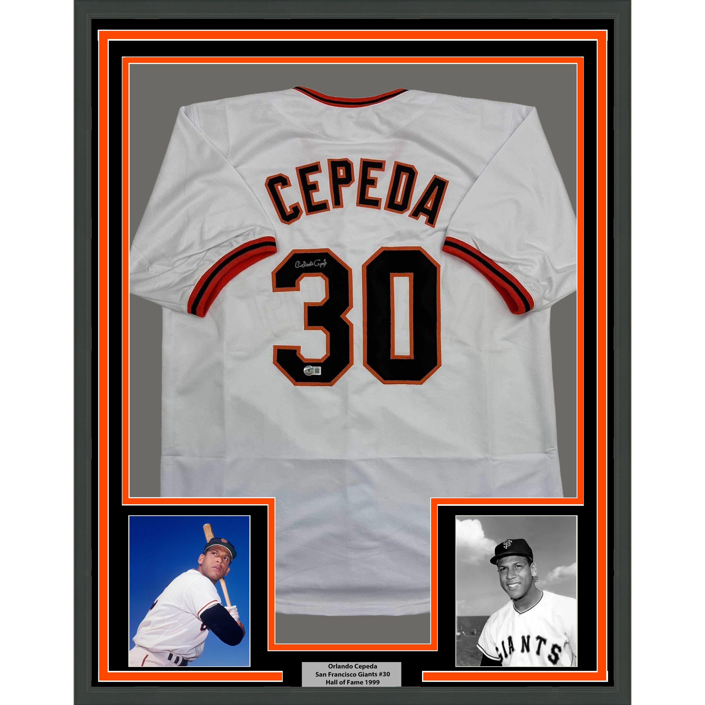 Framed Autographed/Signed Orlando Cepeda 35x39 San Francisco White Baseball Jersey Beckett BAS COA