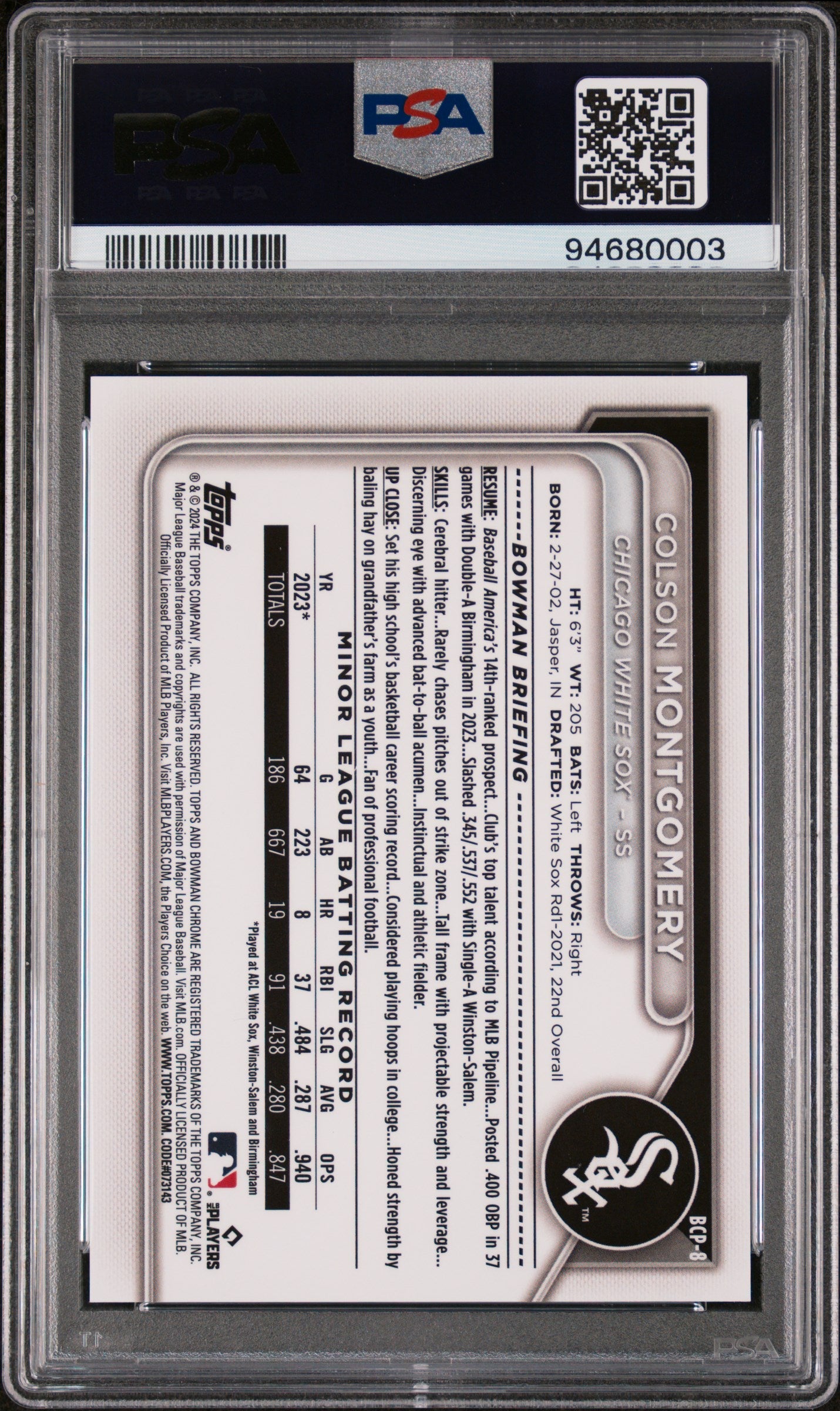 Graded 2024 Topps Bowman Colson Montgomery #BCP8 Chrome Prospects Fuchsia Lunar Refractor /199 Rookie RC Baseball Card PSA 10 Gem Mint