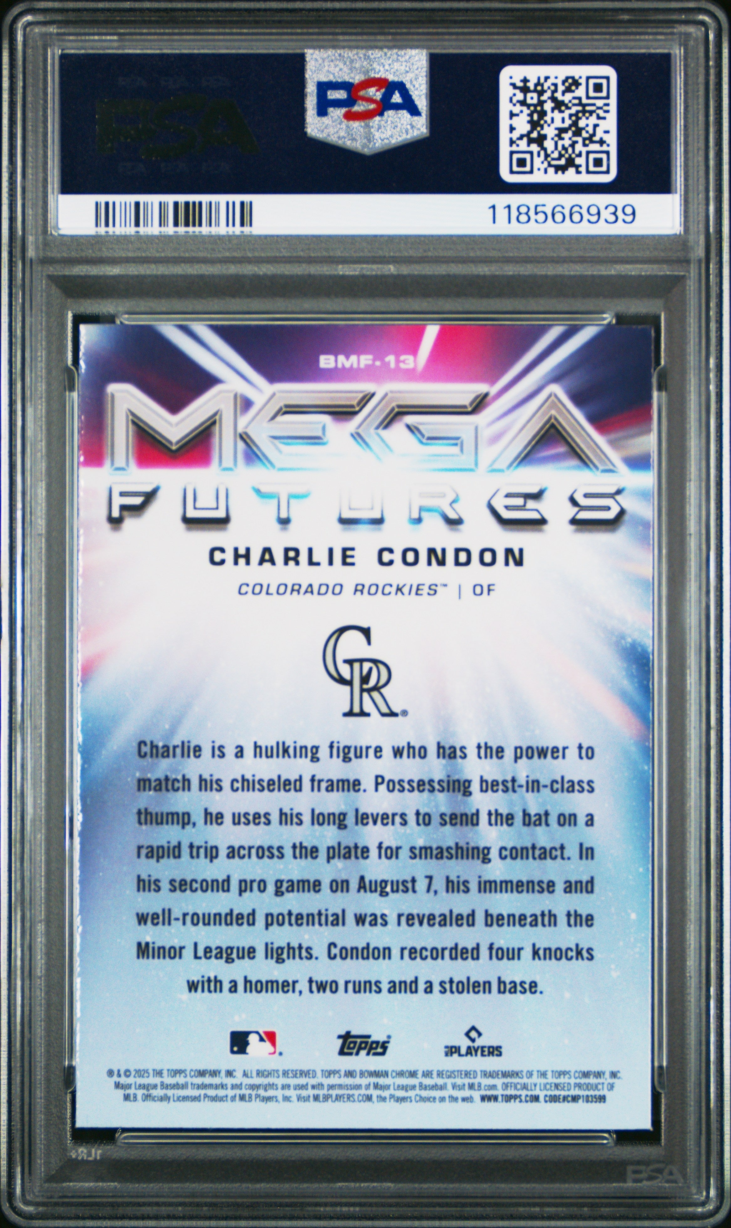 Graded 2025 Topps Bowman Mega Box Charlie Condon #BMF13 Mega Futures Rookie RC Baseball Card PSA 10 Gem Mint