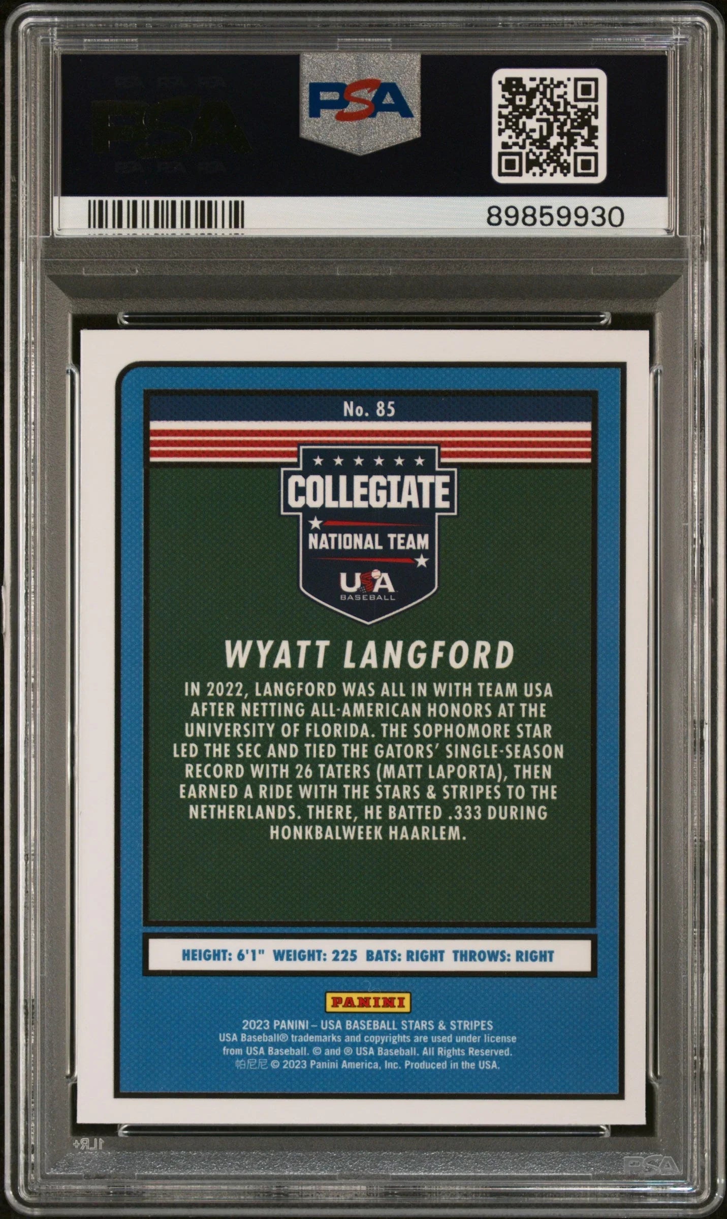 Graded 2023 Panini Stars & Stripes USA Wyatt Langford #85 Rookie RC Baseball Card PSA 8 Near Mint