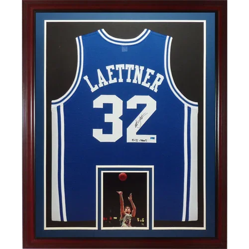 Christian Laettner Autographed Duke Blue Devils (Blue #32) Deluxe Framed Jersey w/ "91 &amp; 92 NCAA Champs"