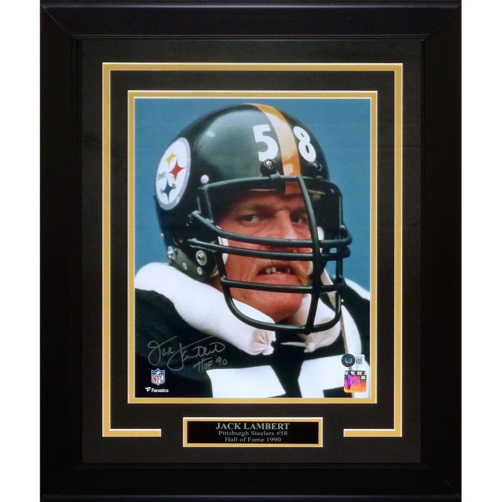 Jack Lambert Autographed Pittsburgh Steelers (Teeth Shot) Deluxe Framed 11x14 Photo w/ "HOF 90" - Lambert Holo
