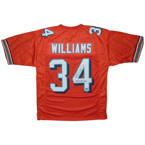 Ricky Williams Autographed Miami (Orange #34) Custom Jersey w/ Puff Puff Run - Radtke
