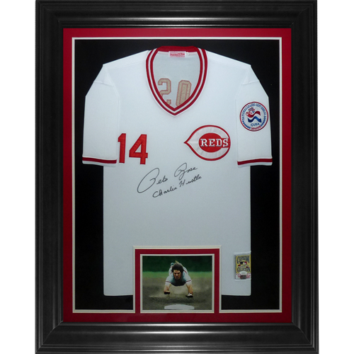 Pete Rose Autographed Cincinnati Reds (White Mitchell And Ness) Deluxe Framed Jersey w/ Charlie Hustle - JSA