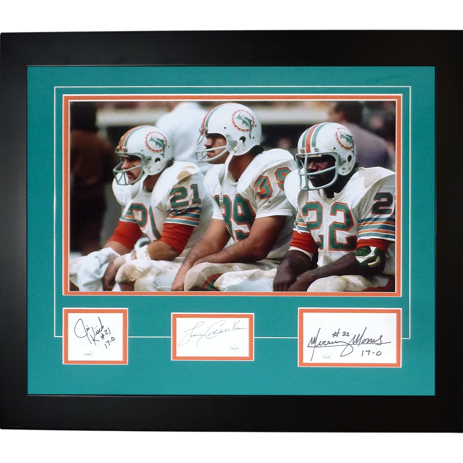 Jim Kiick, Larry Csonka, And Mercury Morris Deluxe Framed Miami Dolphins 12x18 Photo with Autographs - JSA
