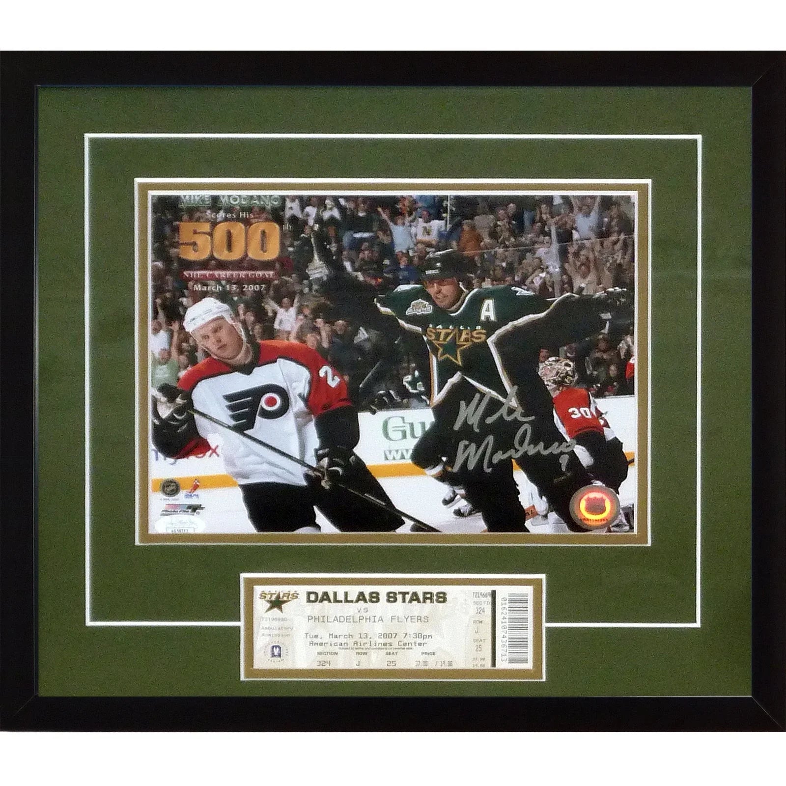 Mike Modano Autographed Dallas Stars (500th Goal) 8x10 Photo Deluxe Framed with Replica Game Ticket - JSA
