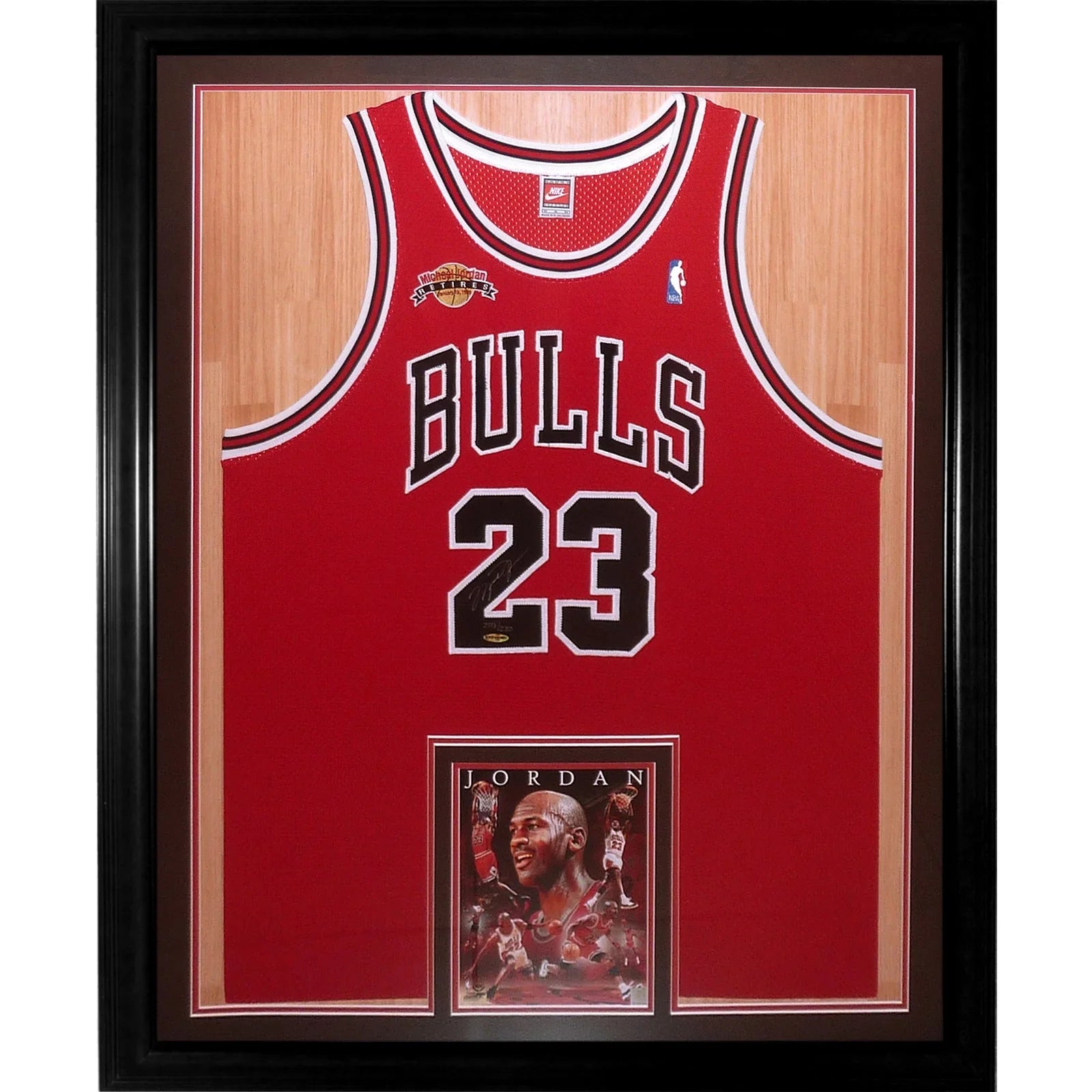 Michael Jordan Autographed Chicago Bulls (Red #23) Mitchell & Ness Retirement Patch Deluxe Framed Jersey Limited Edition #207 of 230 UDA Upper Deck
