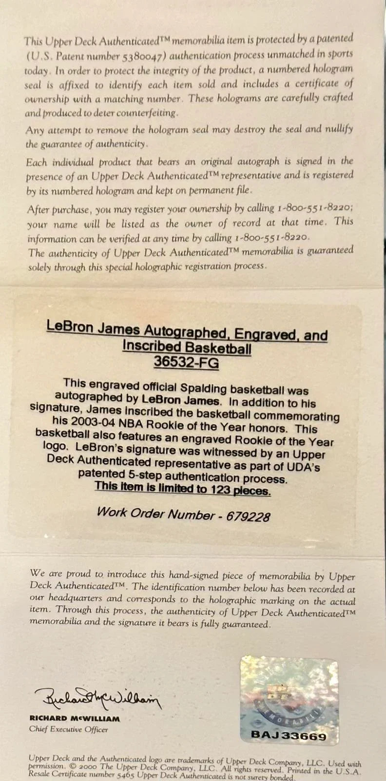 LeBron James Autographed NBA Rookie of the Year Embossed Spalding Basketball w/ ROY 04 Limited Edition #68 of 123 - UDA Upper Deck