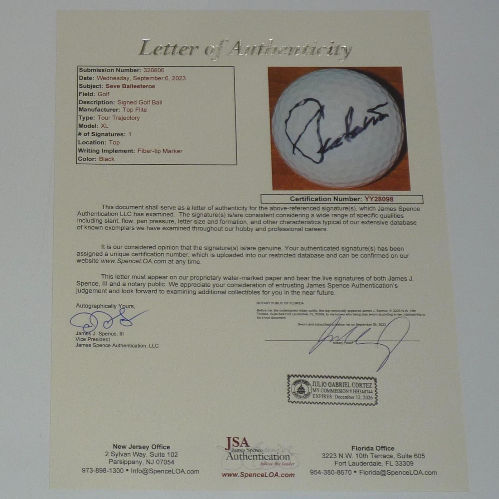 Seve Ballesteros Autographed Golf Ball - JSA LOA