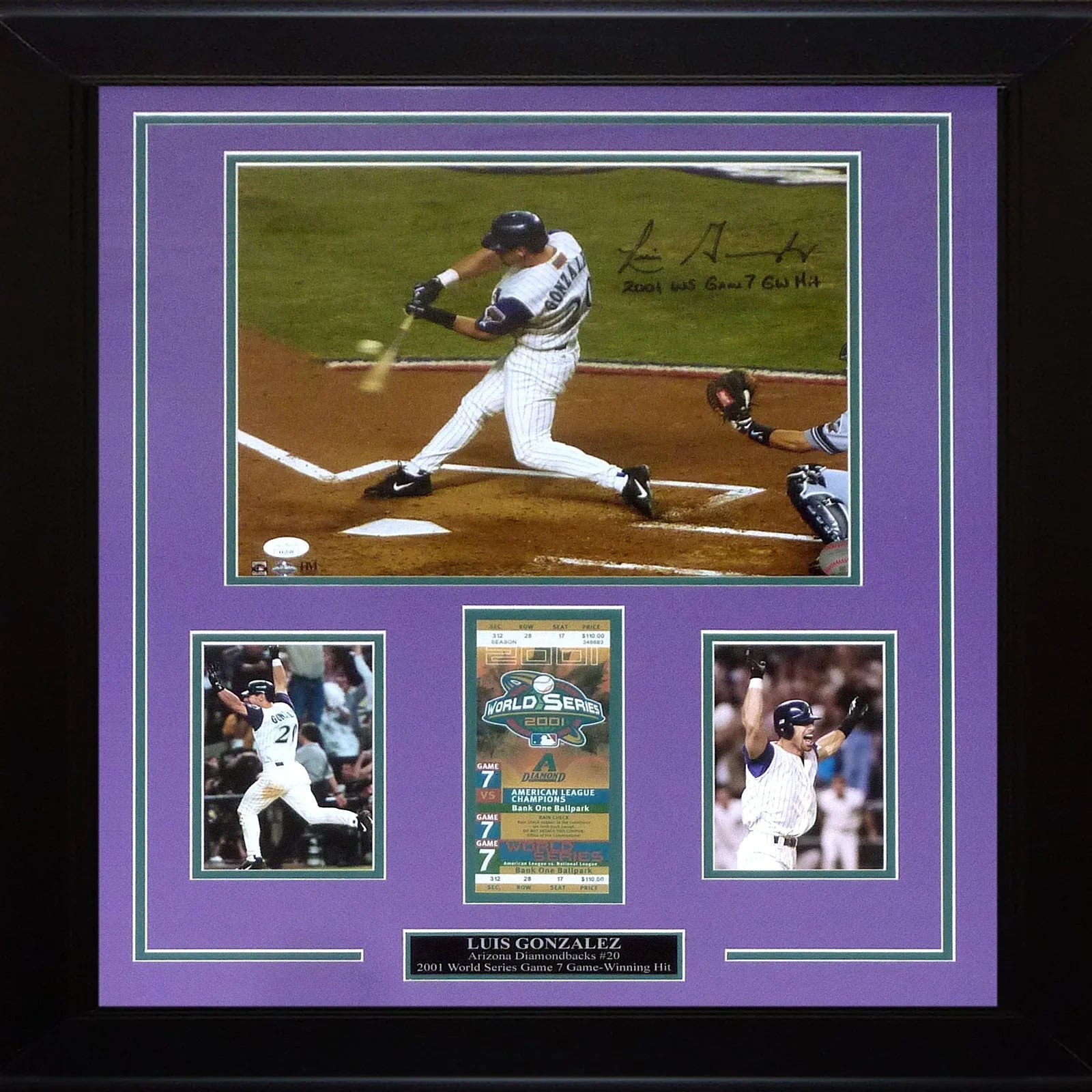 Luis Gonzalez Autographed Arizona Diamondbacks (2001 World Series Hit) Deluxe Framed 11x14 Photo w/ Replica World Series Ticket
