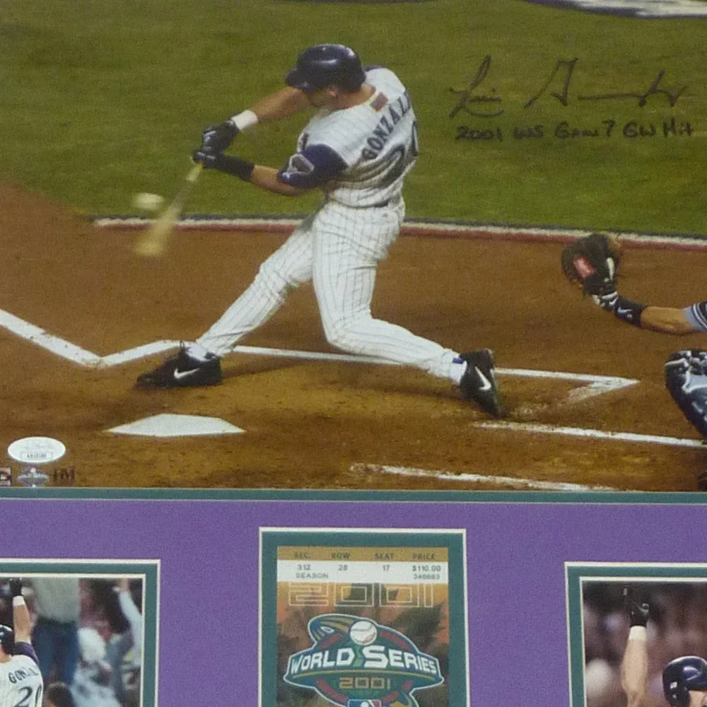 Luis Gonzalez Autographed Arizona Diamondbacks (2001 World Series Hit) Deluxe Framed 11x14 Photo w/ Replica World Series Ticket