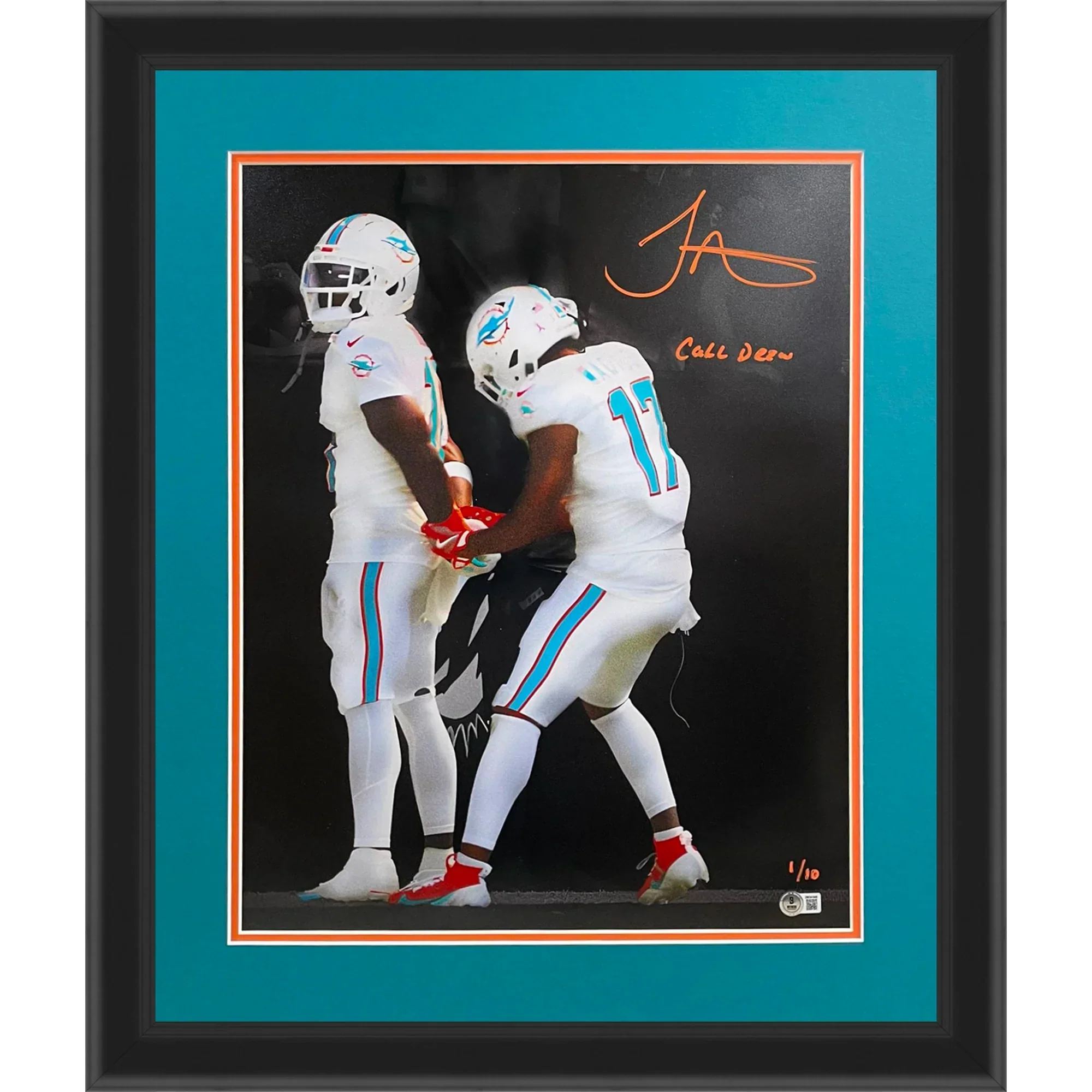 Tyreek Hill Autographed Miami Dolphins (Handcuffs Celebration Spotlight) Deluxe Framed 16x20 Photo w/ "Call Drew" - Limited Edition of 10  - Beckett