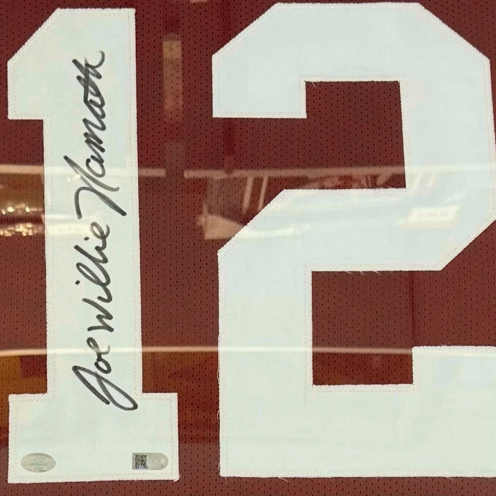 Joe Namath Autographed Alabama (Crimson #12 STAT Embroidered) Deluxe Framed Jersey - JSA