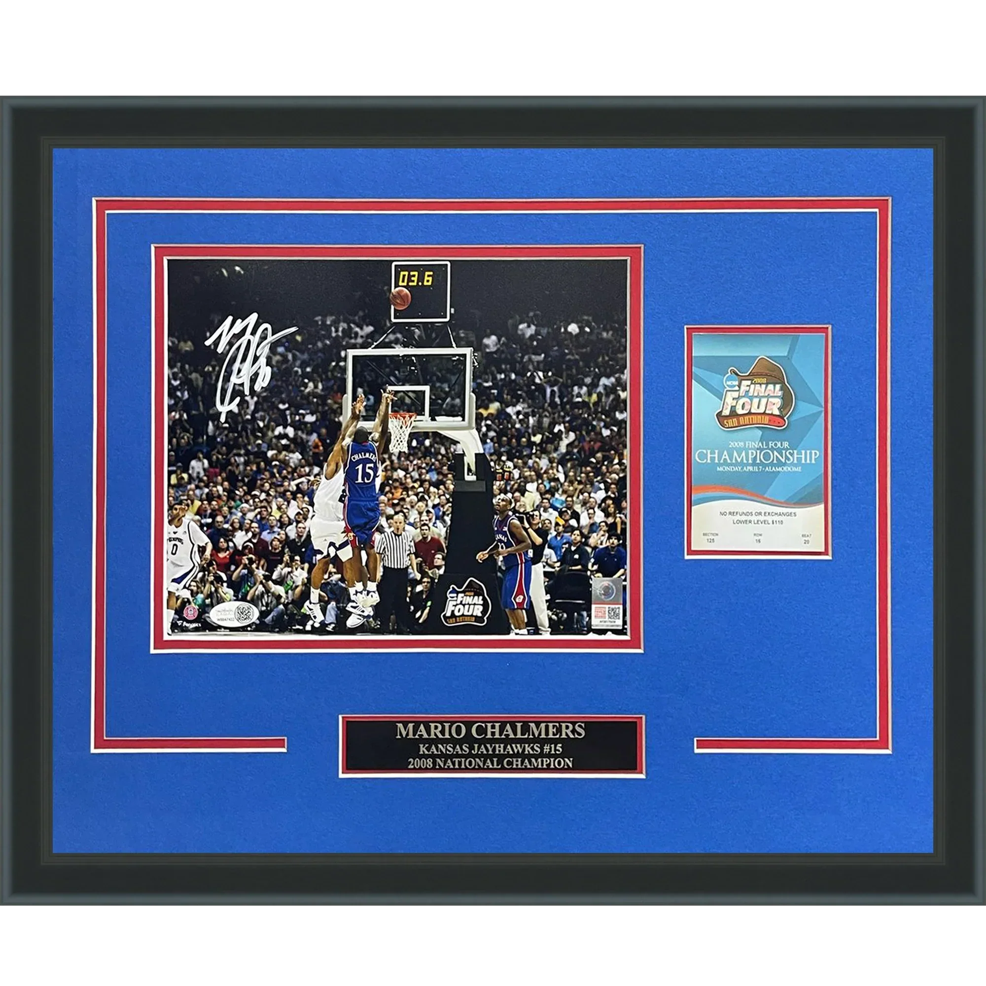 Mario Chalmers Autographed Kansas Jayhawks (2008 Final Four Shot) Deluxe Framed 8x10 Photo with Replica Ticket - JSA