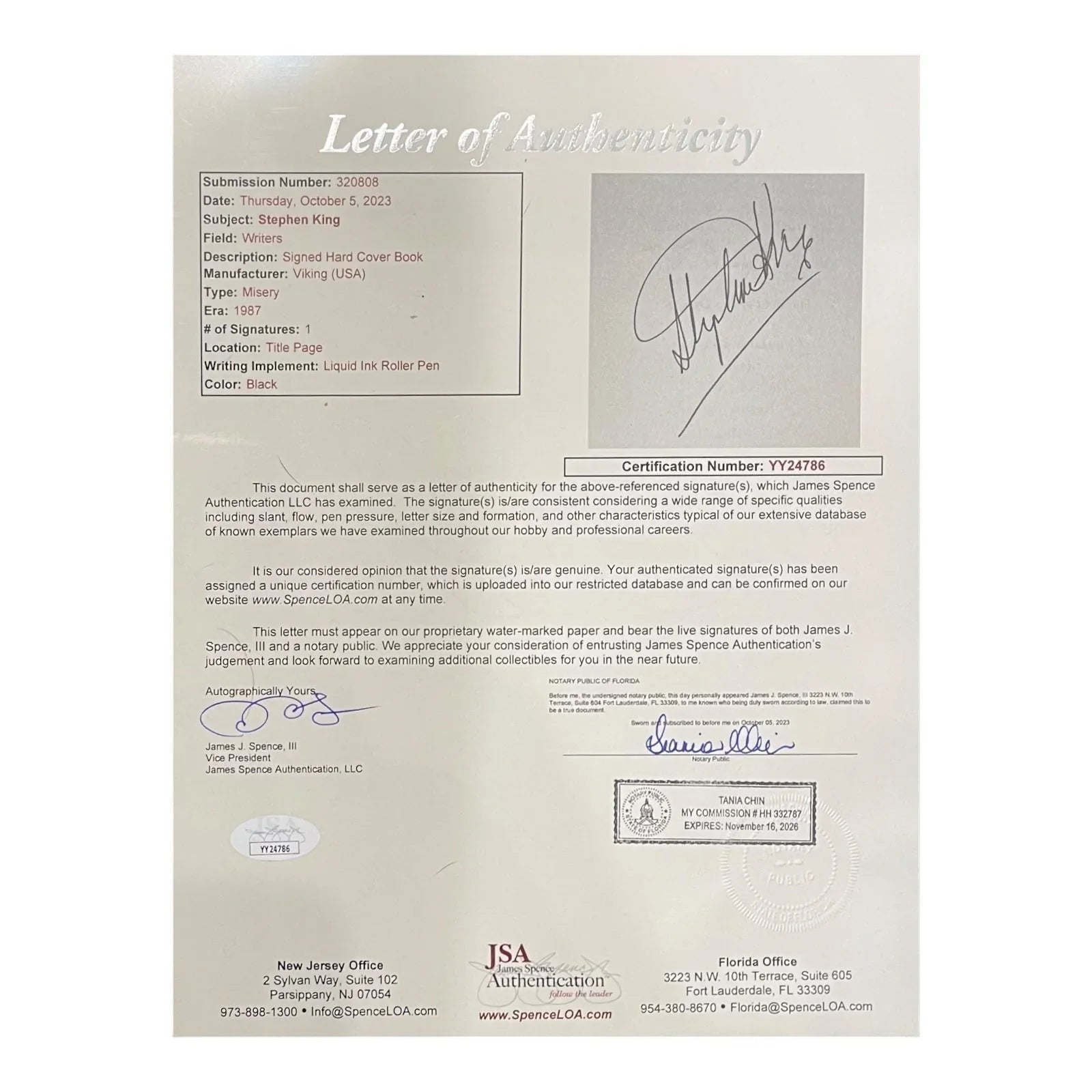 Stephen King Autographed Book Misery - JSA LOA