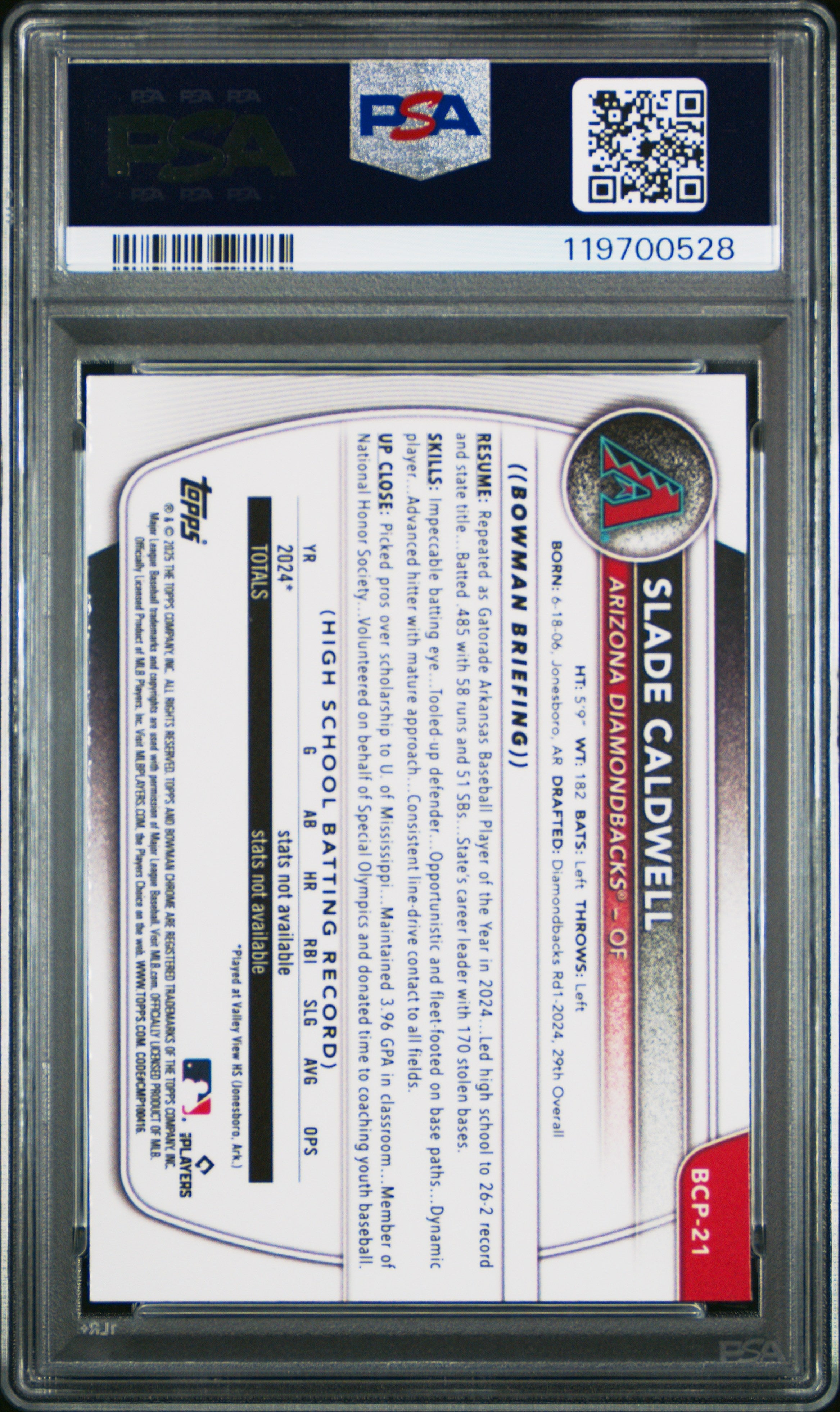 Graded 2025 Topps Bowman Slade Caldwell #BCP21 Chrome Prospects Rookie RC Baseball Card PSA 10 Gem Mint