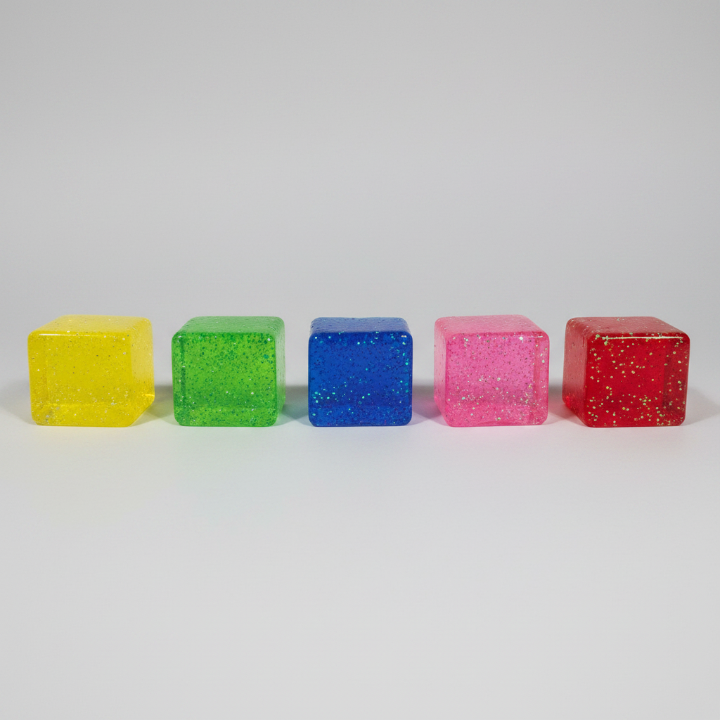 Set of Five Translucent Glitter Mini Magic Cube by Squeeze Toys (Slow-Rising Squish)