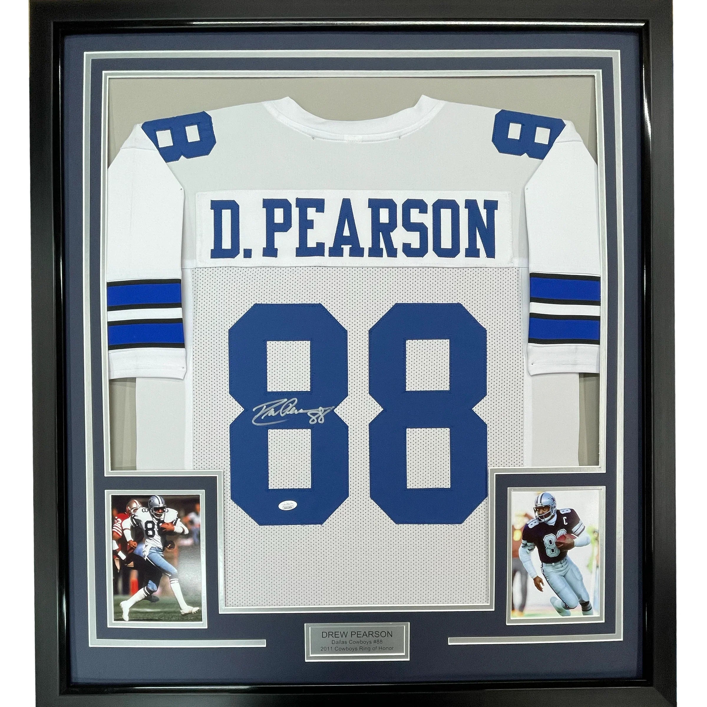 Framed Autographed/Signed Drew Pearson 35x39 Dallas White Football Jersey JSA COA