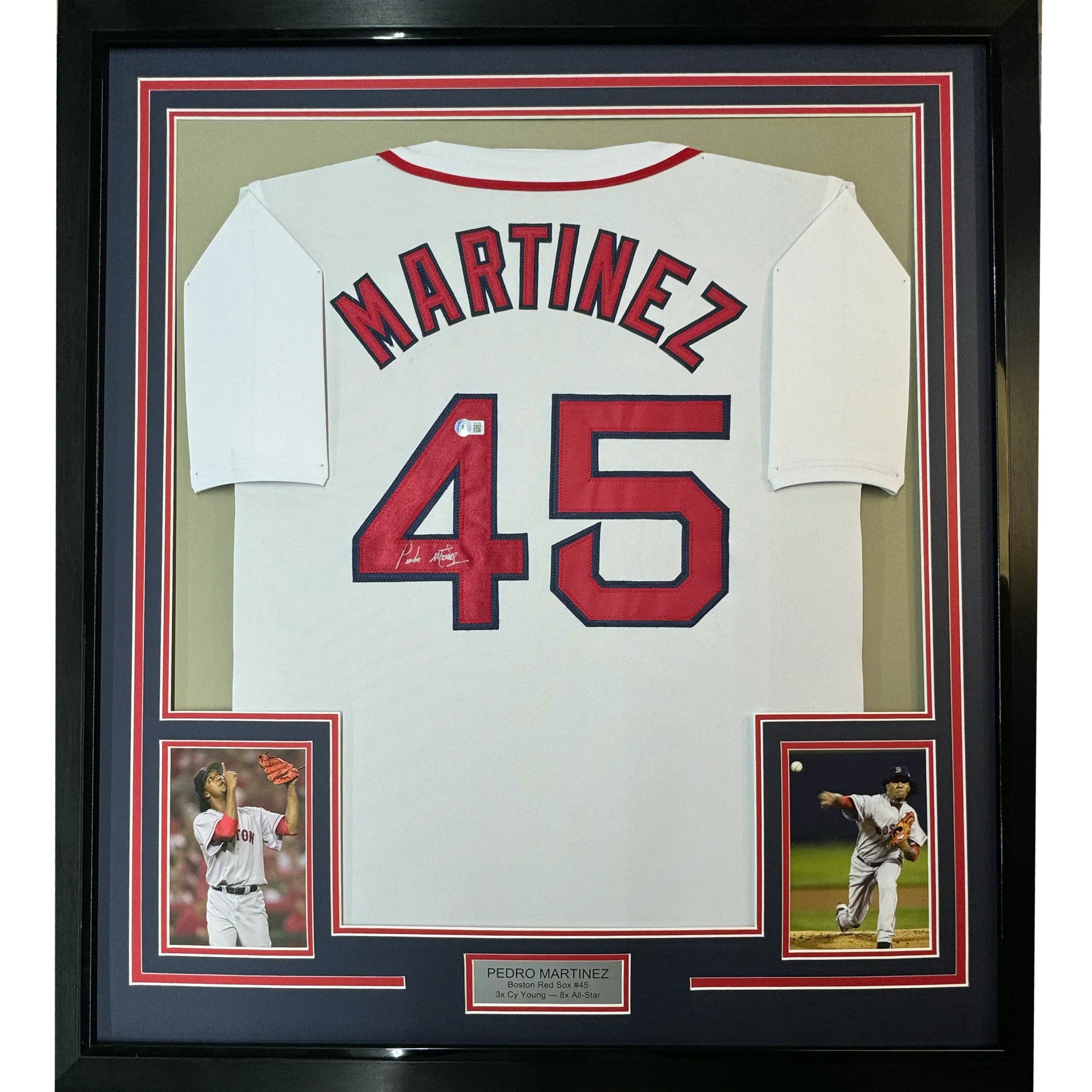 Framed Autographed/Signed Pedro Martinez 35x39 Boston White Baseball Jersey JSA COA