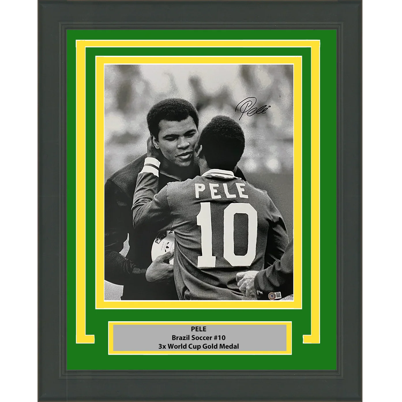 Framed Autographed/Signed Pele Brazil Soccer Futbol 16x20 Photo with Muhammad Ali Beckett BAS Auto