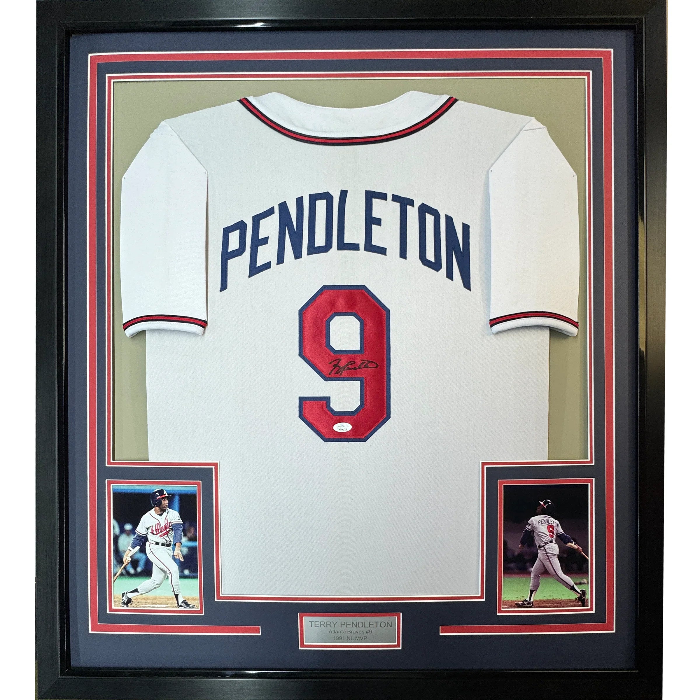Framed Autographed/Signed Terry Pendleton 35x39 Atlanta White Baseball Jersey JSA COA