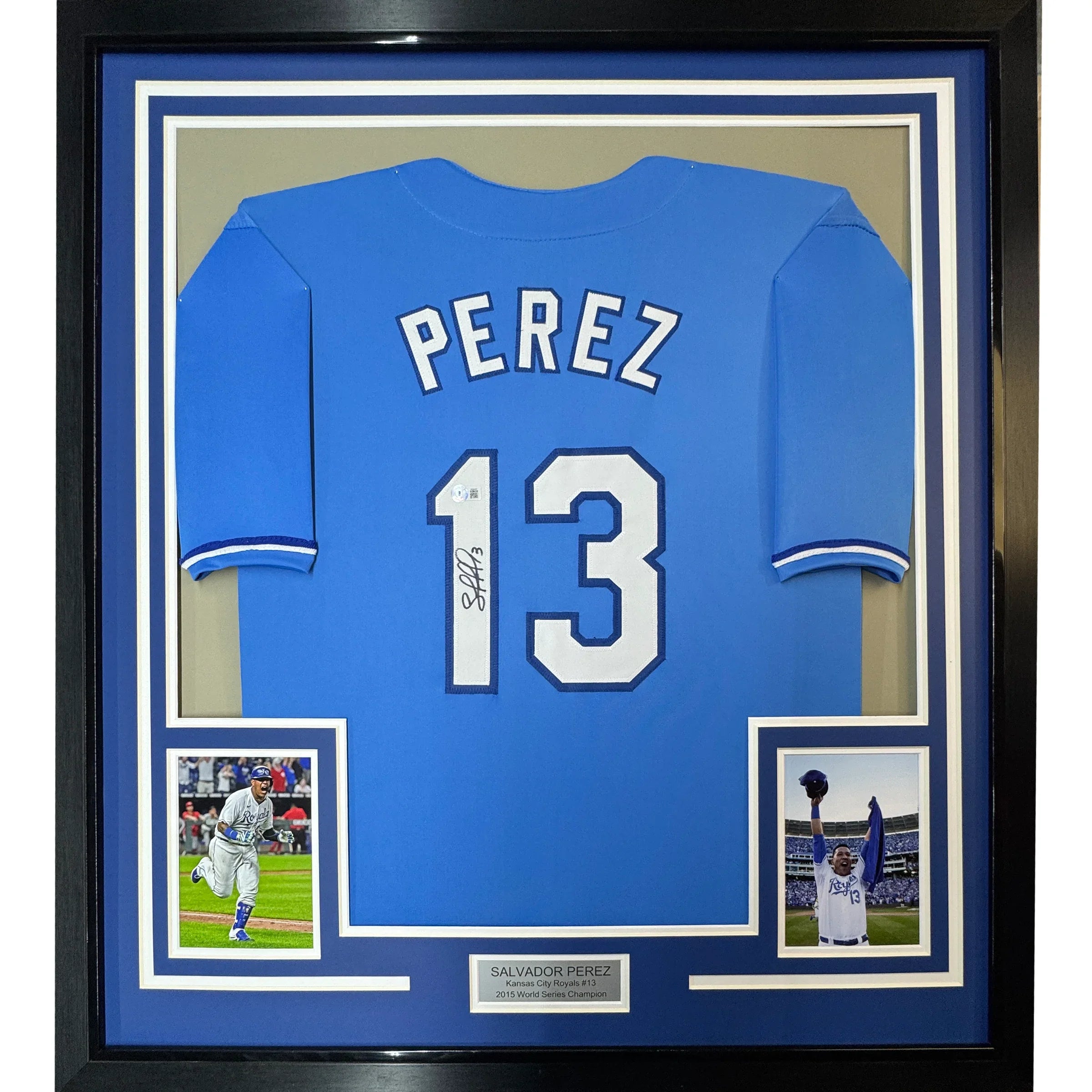 Framed Autographed/Signed Salvador Perez 35x39 Kansas City Blue Baseball Jersey Beckett BAS COA