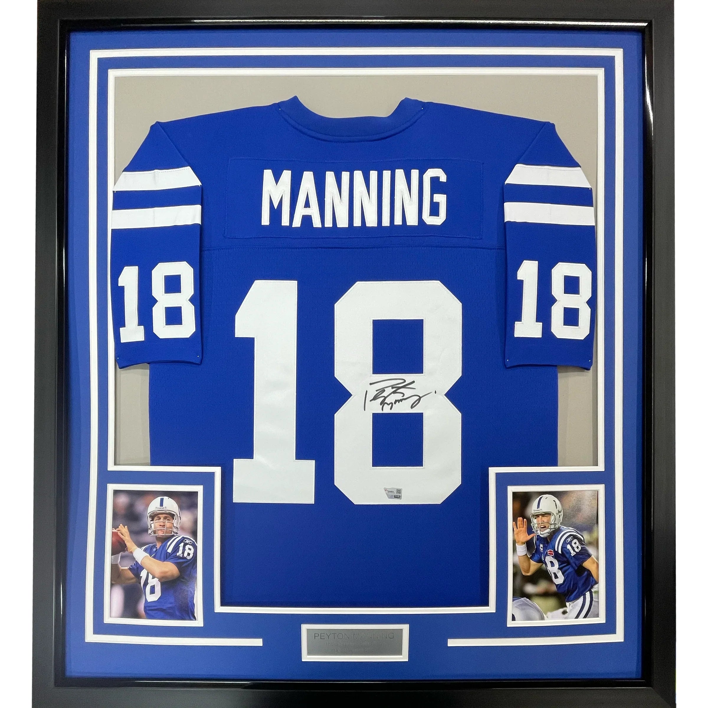 Framed Autographed/Signed Peyton Manning 35x39 Indianapolis Colts Authentic Blue Football Jersey Fanatics COA