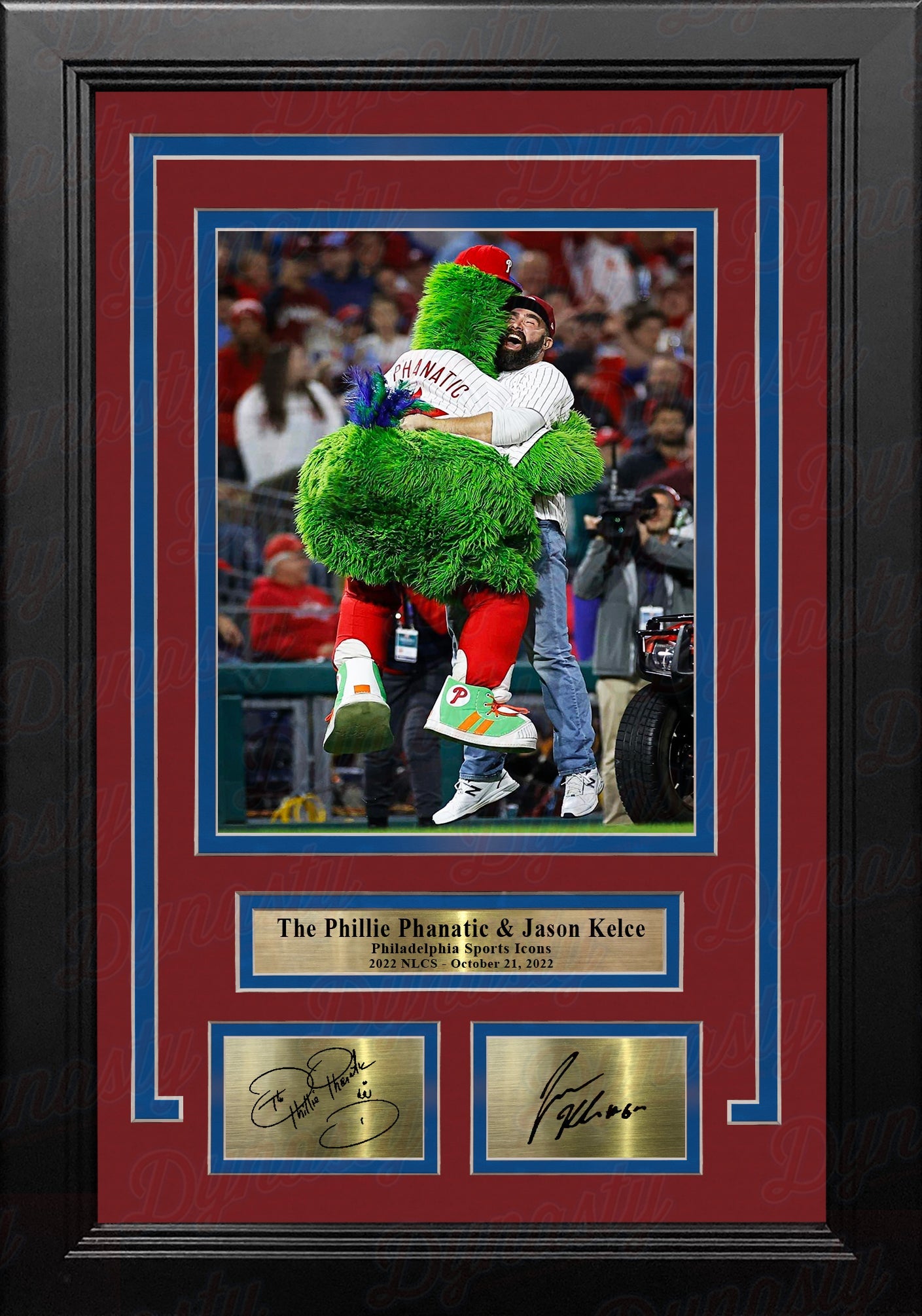 The Phillie Phanatic & Jason Kelce Rally the Phillies Framed Baseball Photo with Engraved Autographs