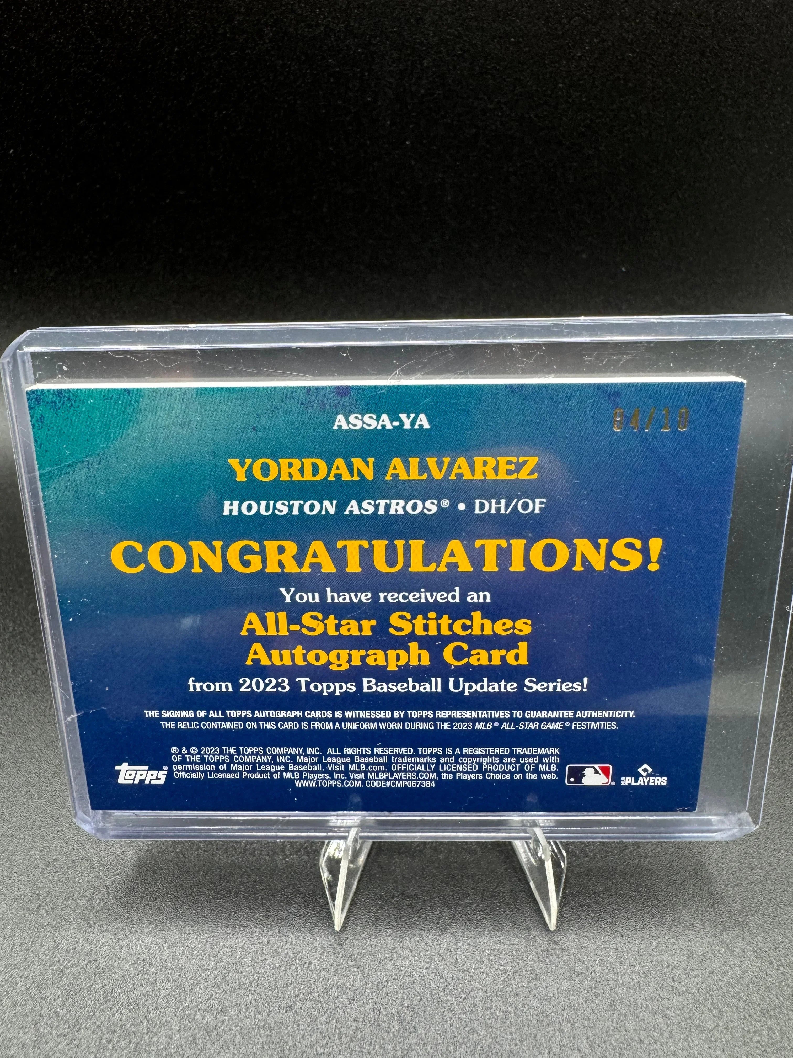 2023 Topps All Star Stiches Yordan Alvarez Auto & Game Worn Jersey 4/10 - RARE