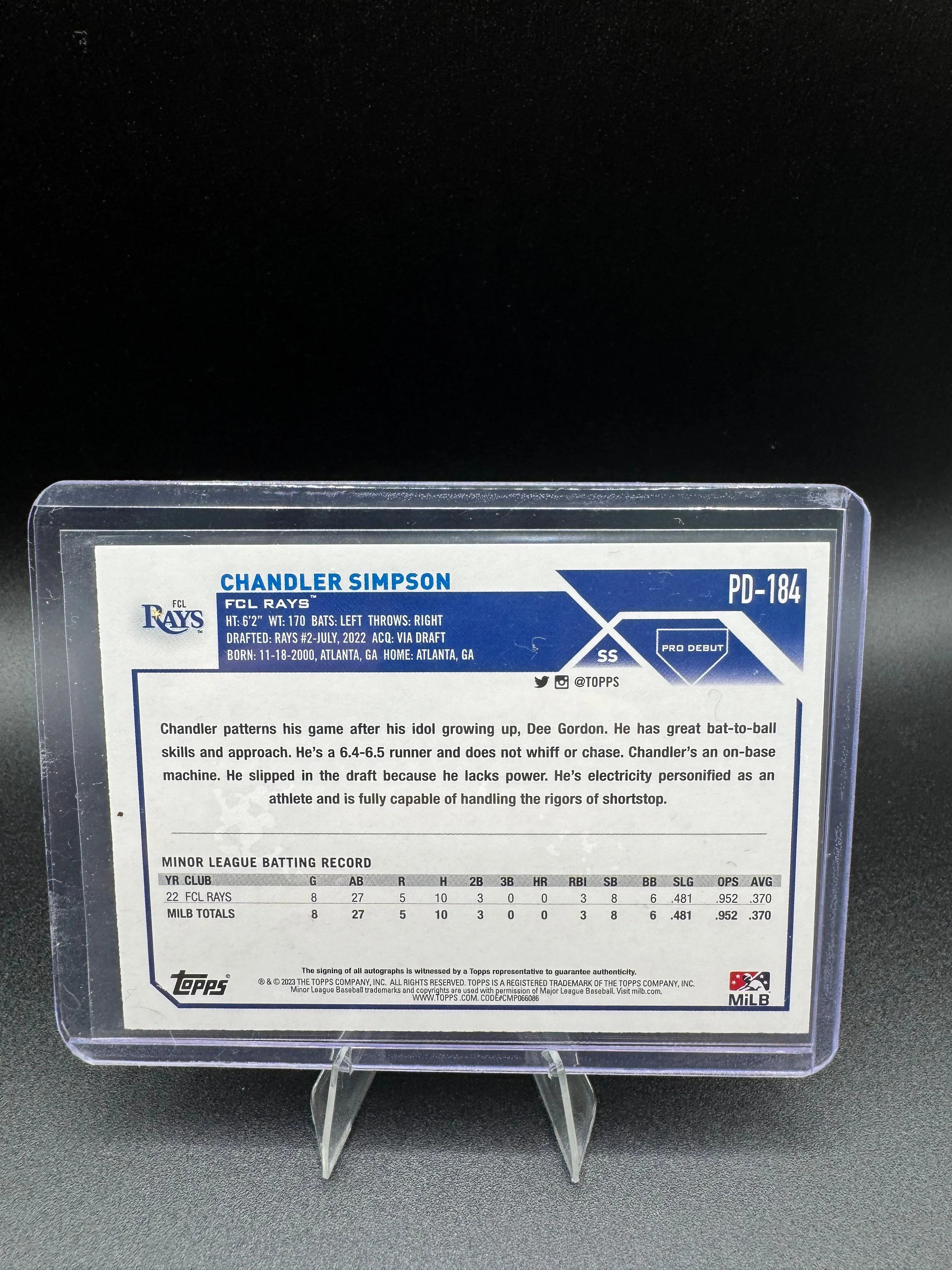 2023 Topps Pro Debut Chandler Simpson Autograph Auto RC Rookie Tampa Rays
