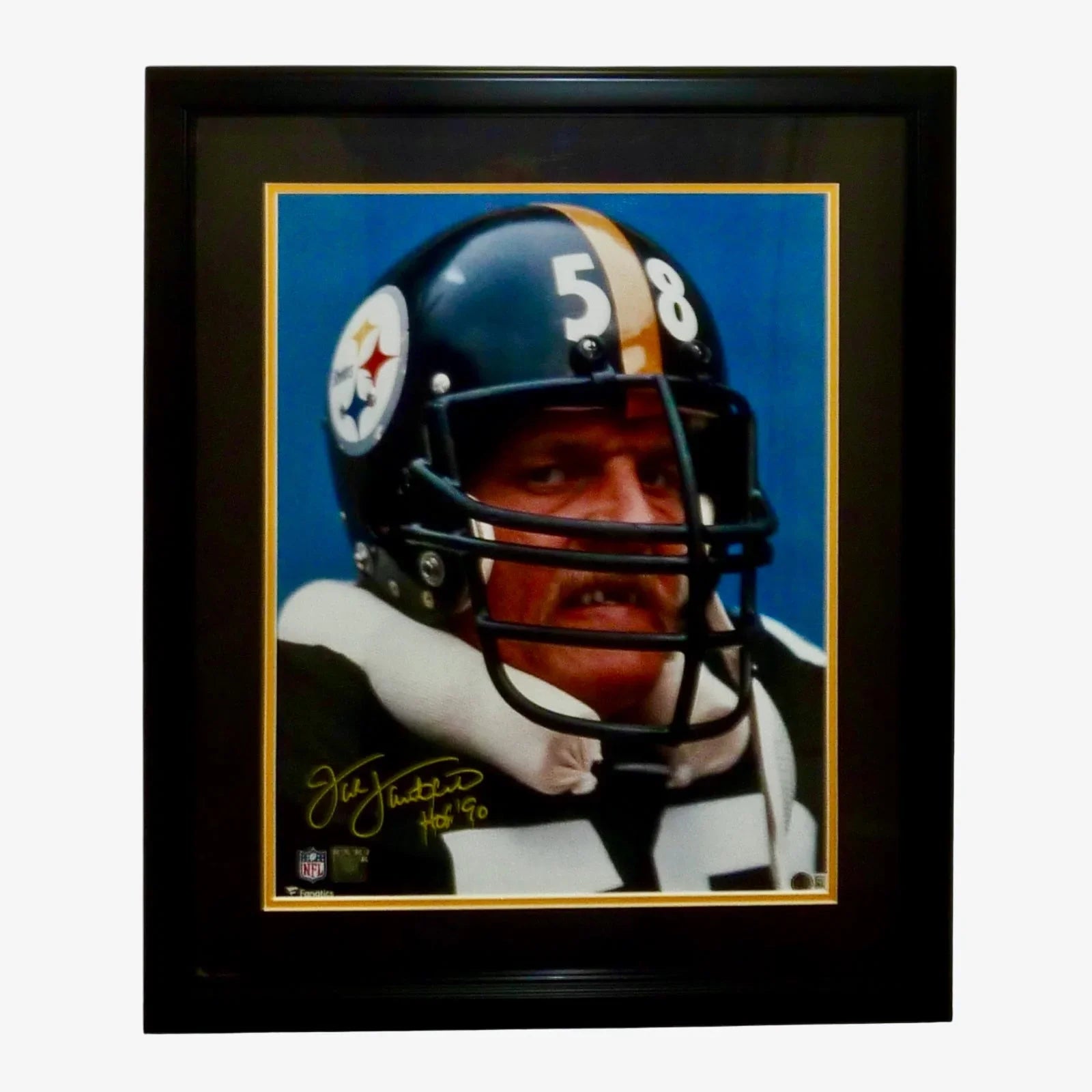 Jack Lambert Autographed Pittsburgh Steelers (Teeth Shot) Deluxe Framed 16x20 Photo w/ "HOF 90" - Lambert Holo