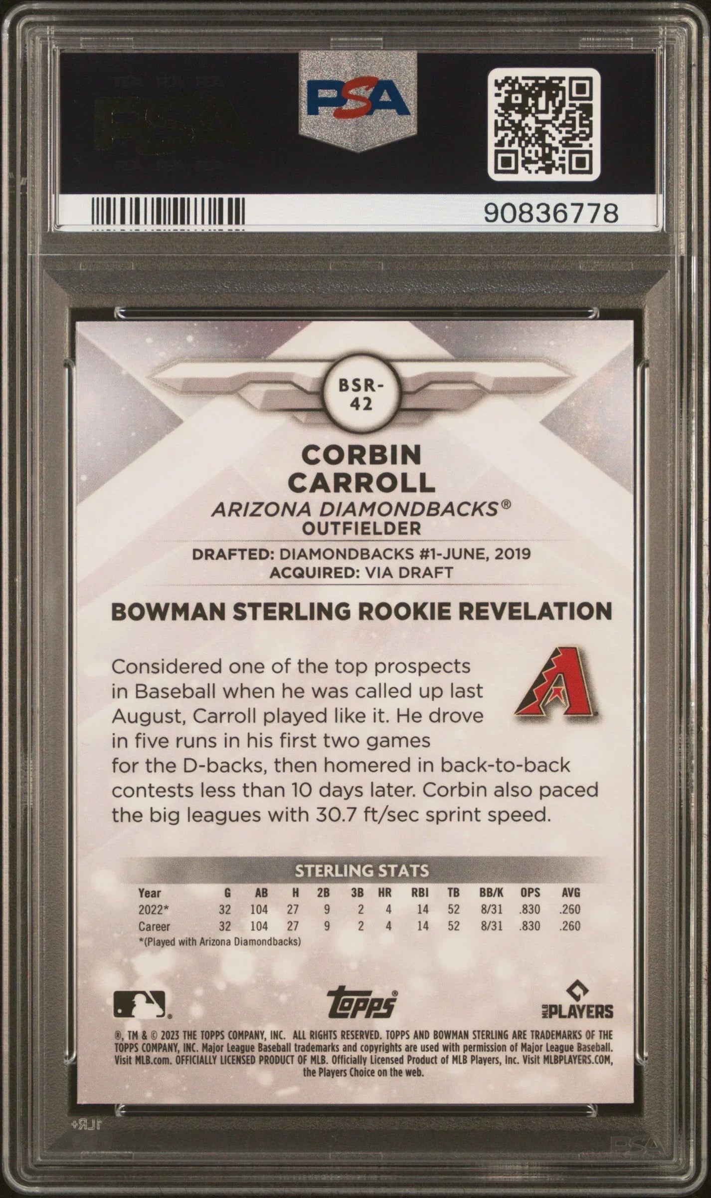 Graded 2023 Topps Bowman Sterling Corbin Carroll #BSR42 Rookie RC Baseball Card PSA 10 Gem Mint
