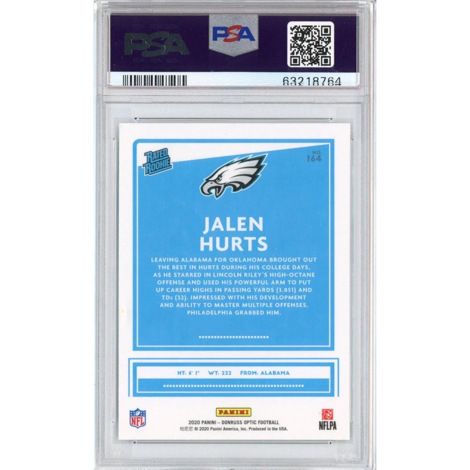 Graded 2020 Panini Donruss Optic Jalen Hurts #164 Rookie RC Football Card PSA 10 Gem Mint