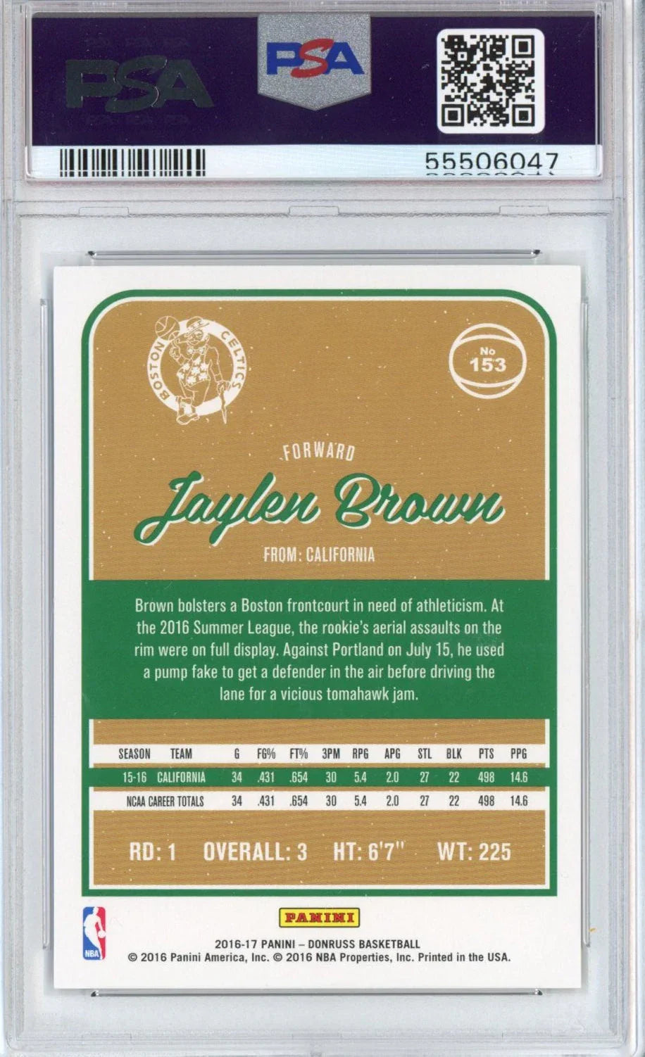 Graded 2016-17 Panini Donruss Jaylen Brown #153 Rookie RC Basketball Card PSA 10 Gem Mint