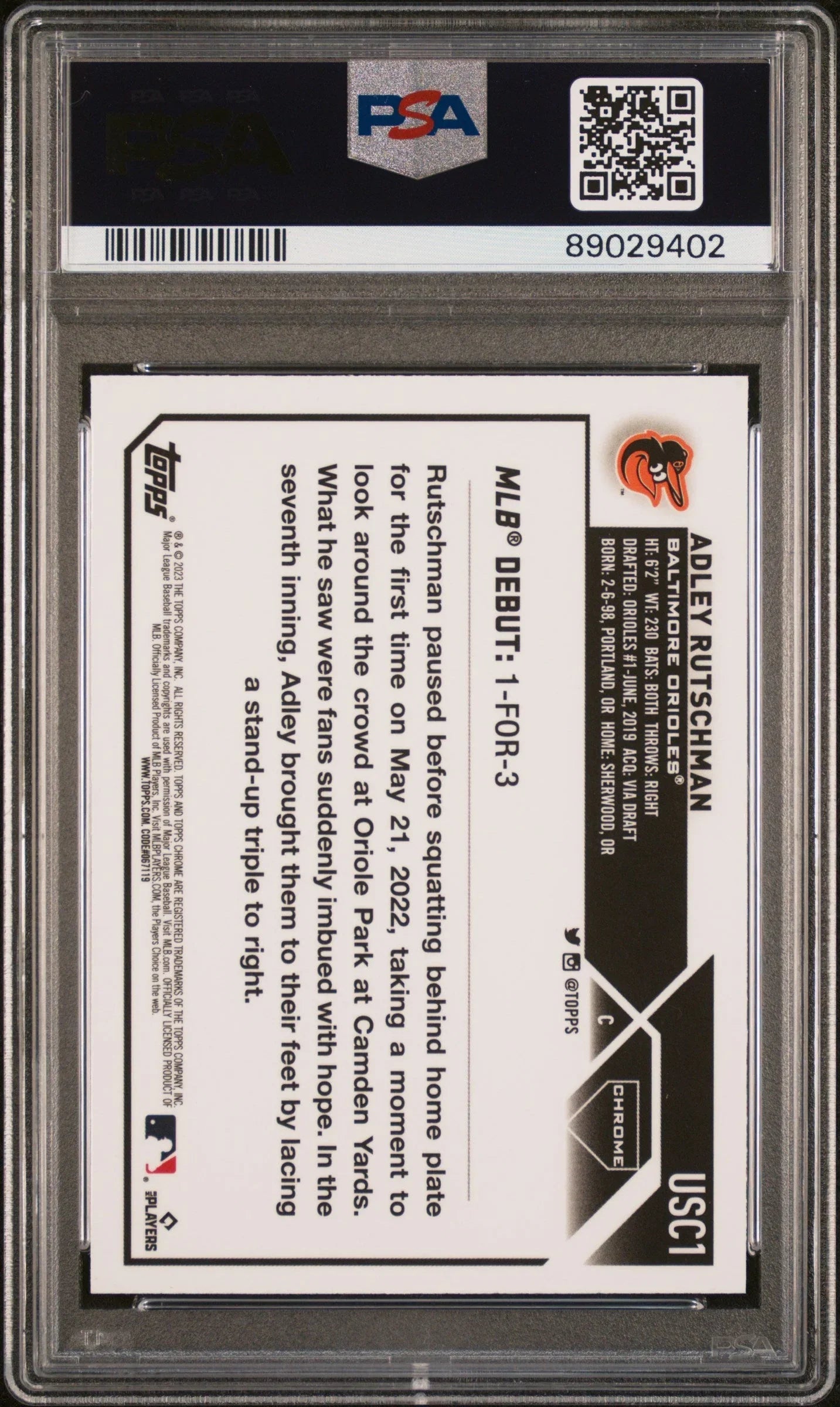 Graded 2023 Topps Chrome Update Adley Rutschman #USC1 Pink Rookie RC Baseball Card PSA 10 Gem Mint